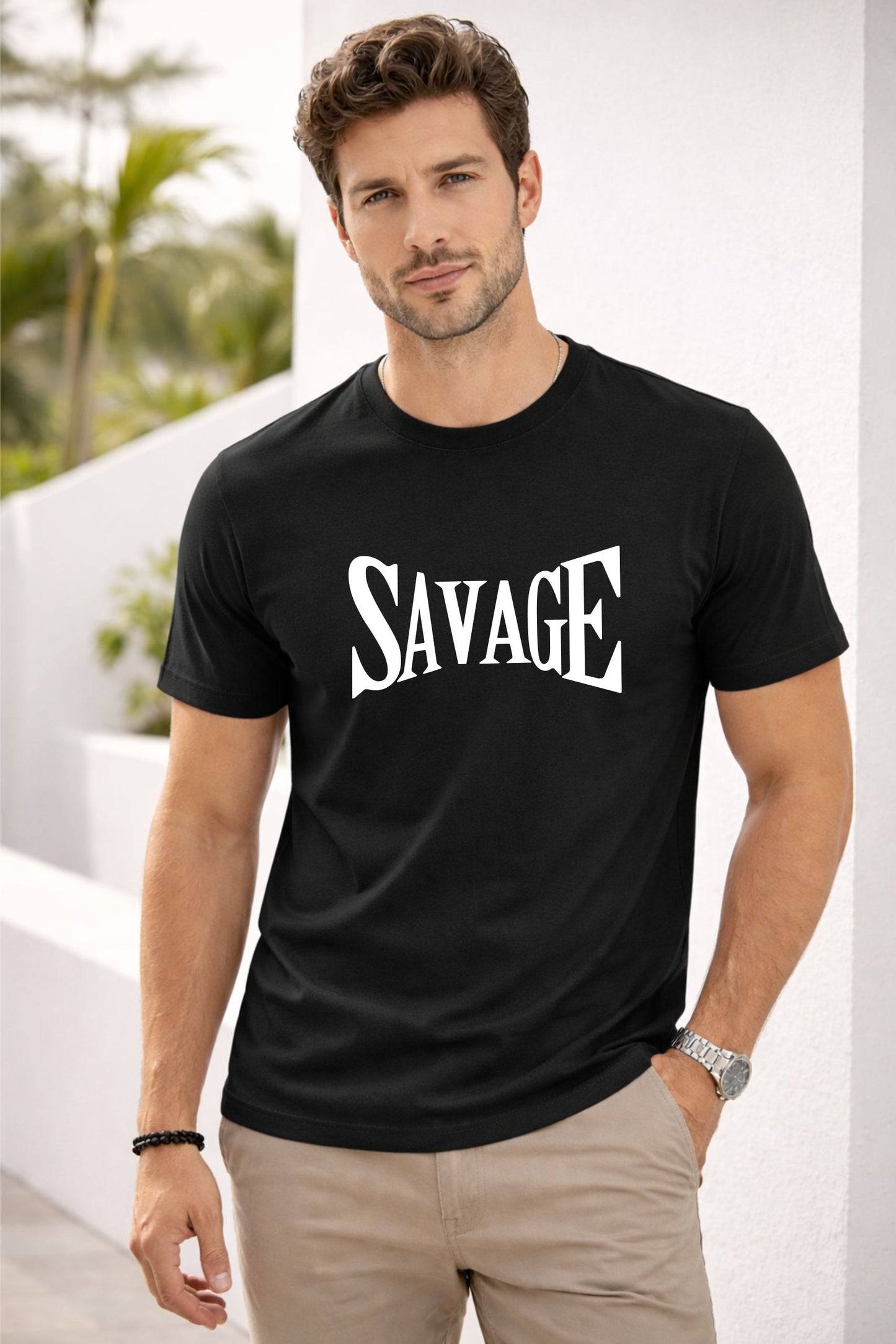Black Cotton “Savage” Graphic Print Round Neck T-Shirt for Men
