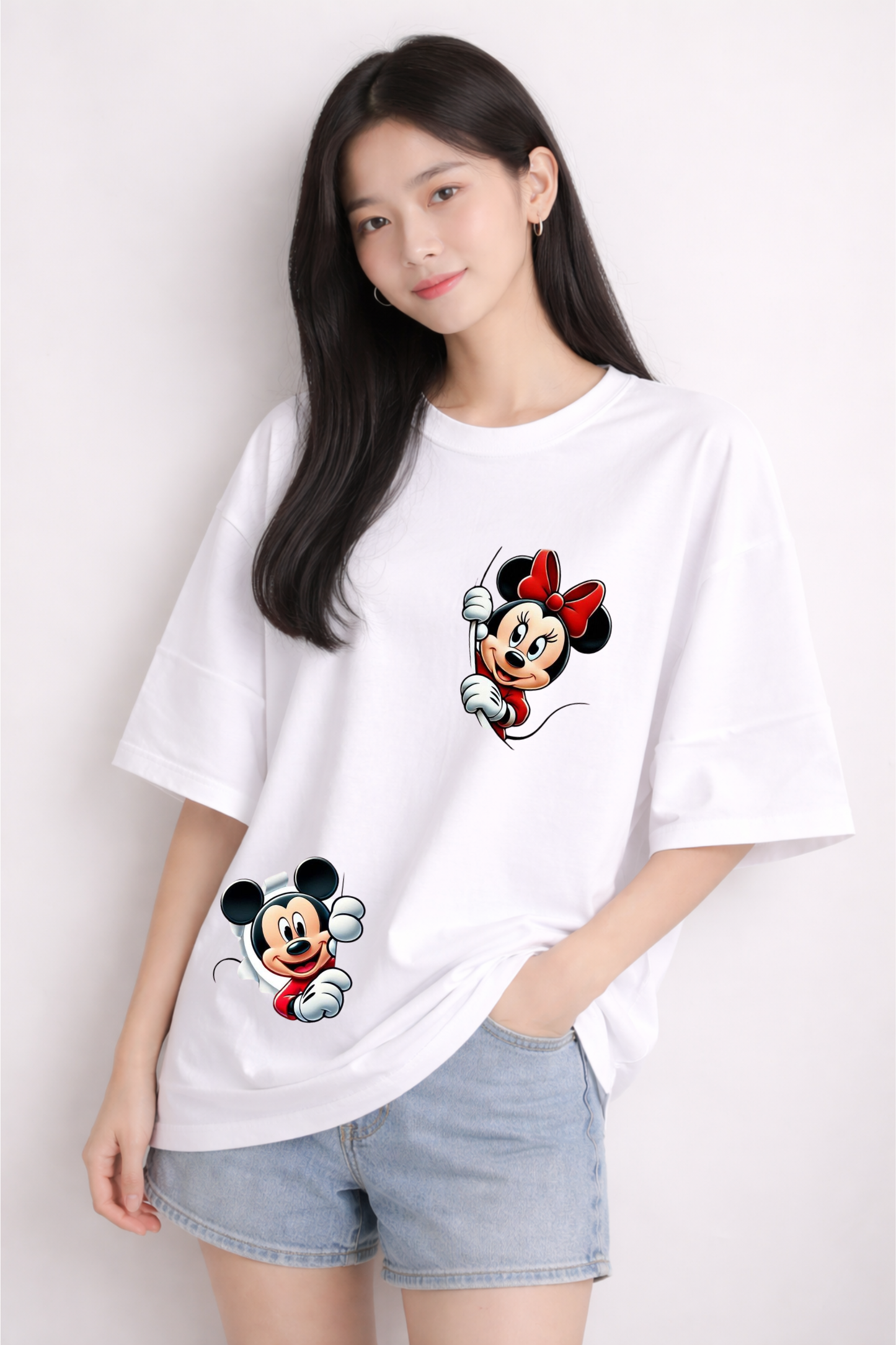 White Oversized Mickey Mouse Print T-Shirt for Women
