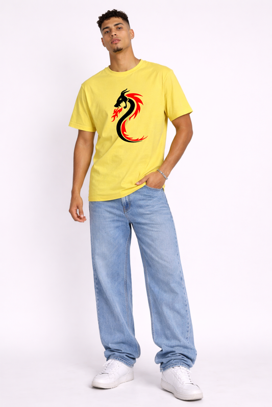 Regular Fit Yellow Dragon Print T-Shirt