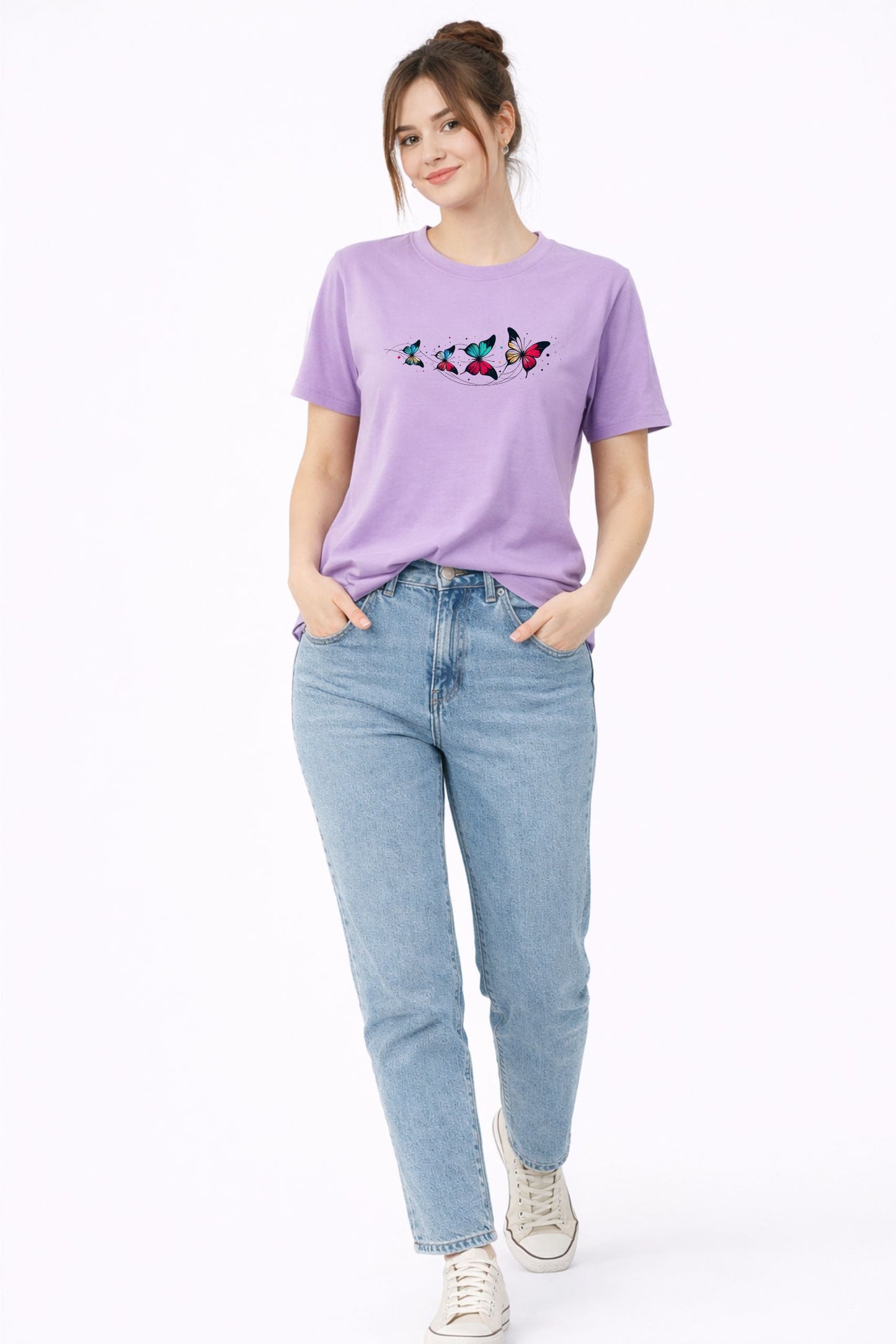 Light Purple Butterfly Print Regular Fit T-Shirt