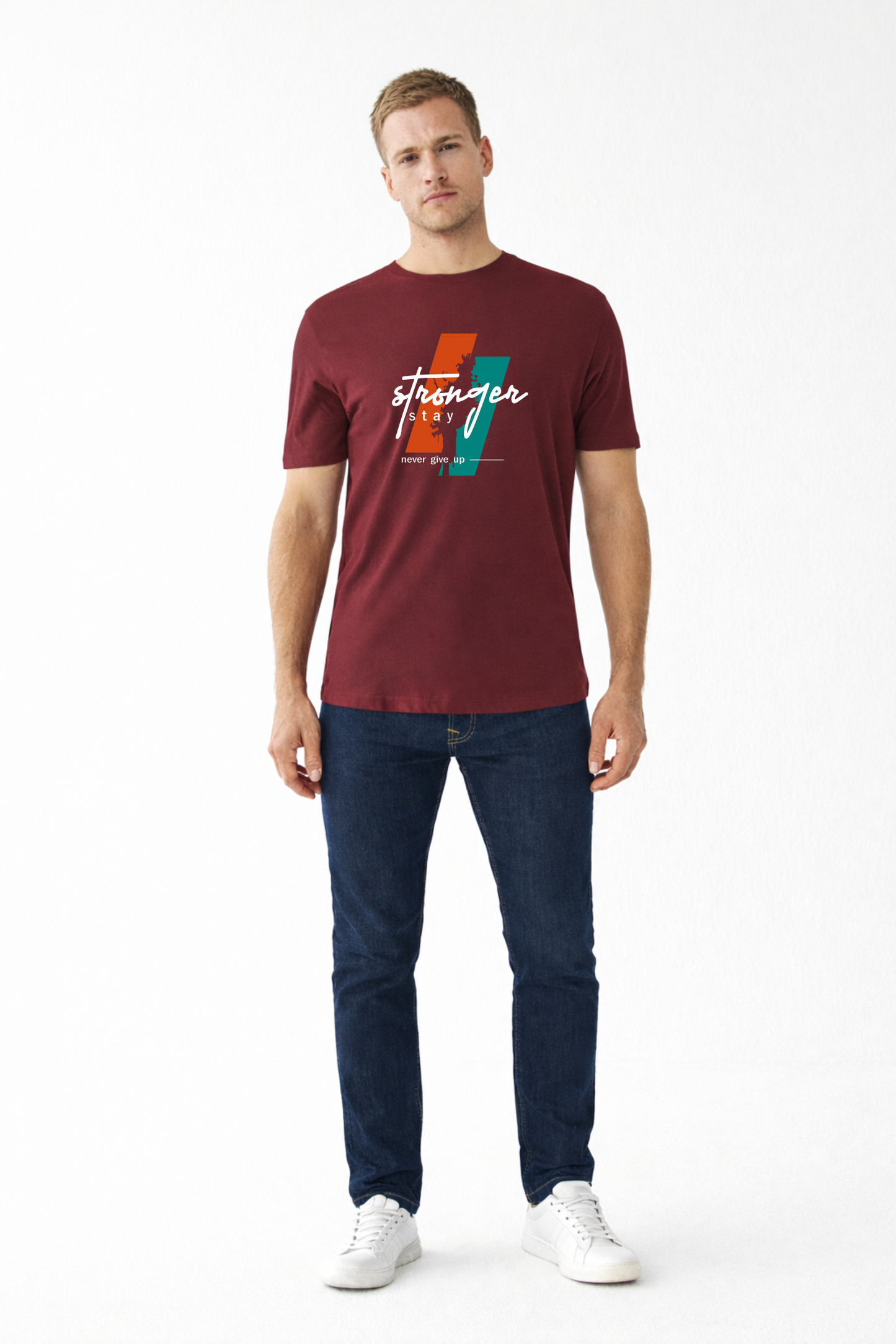 Men’s Maroon Cotton T-Shirt with “Stronger Stay” Motivational Graphic Print