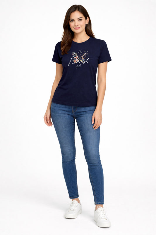 Navy Blue Printed Cotton T-Shirt