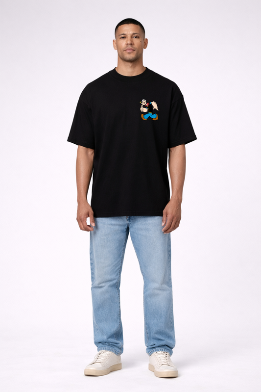 Men’s Black Oversized Cotton T-Shirt with Popeye Print