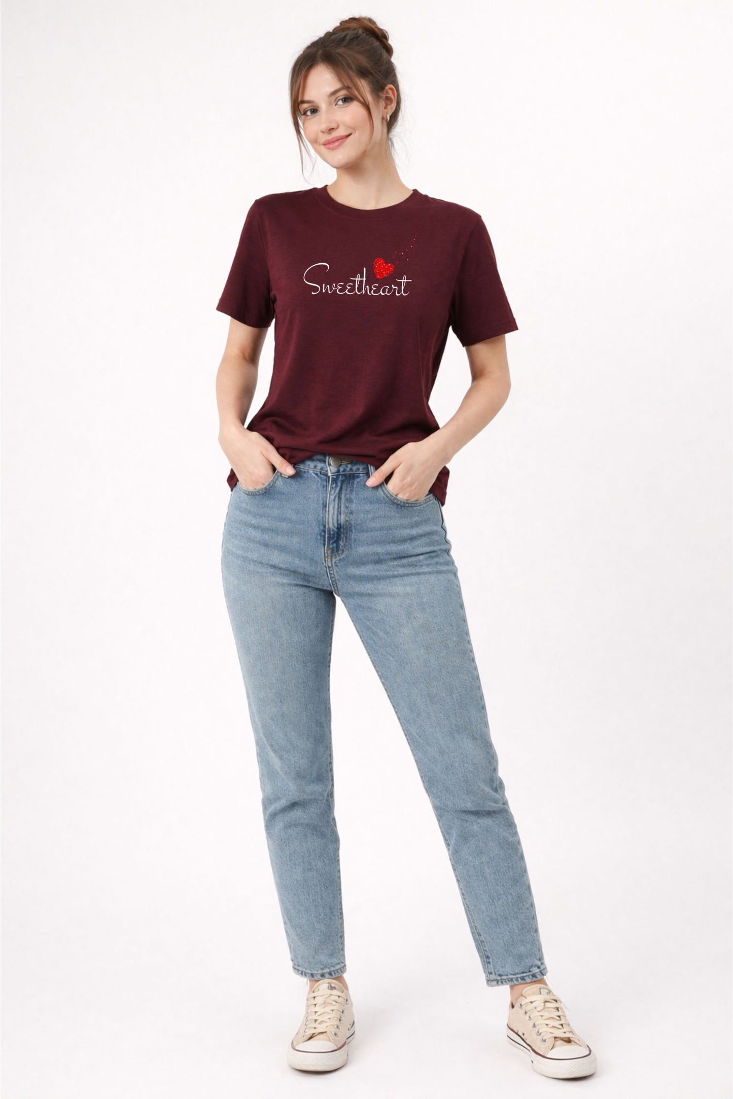 Maroon “Sweetheart” Heart Print Regular Fit T-Shirt