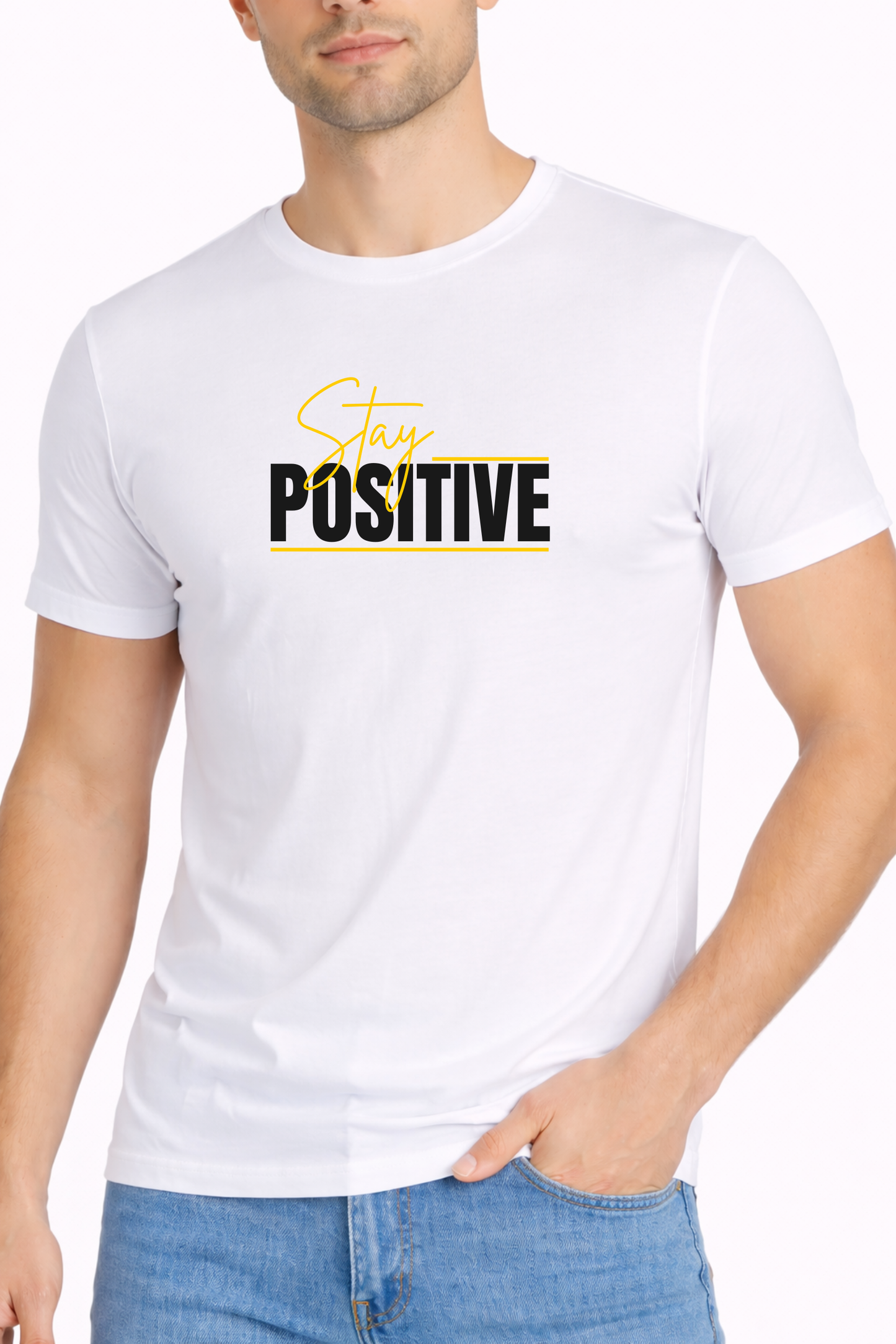 White Cotton “Stay Positive” Graphic Print Men’s T-Shirt