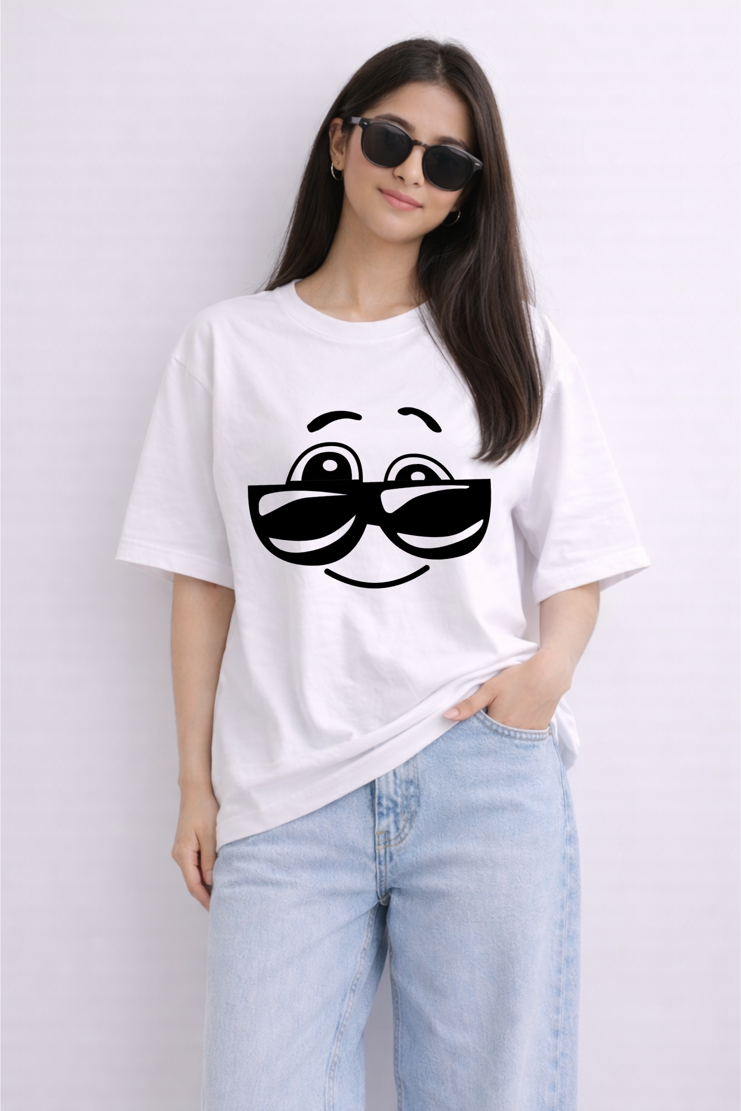White Oversized T-Shirt for Women – Cool Face Sunglasses Print