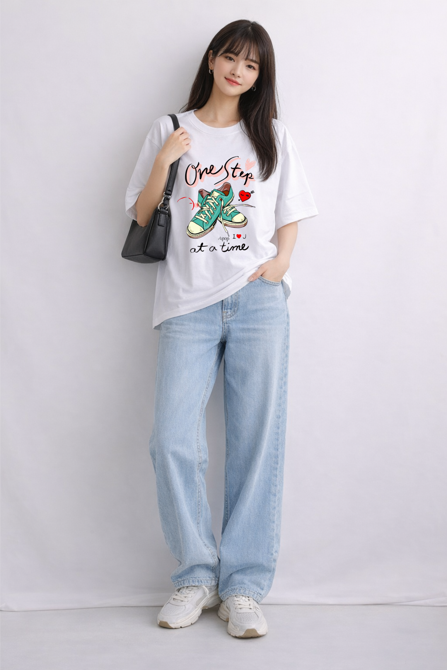 White Oversized T-Shirt for Women – “One Step at a Time” Print