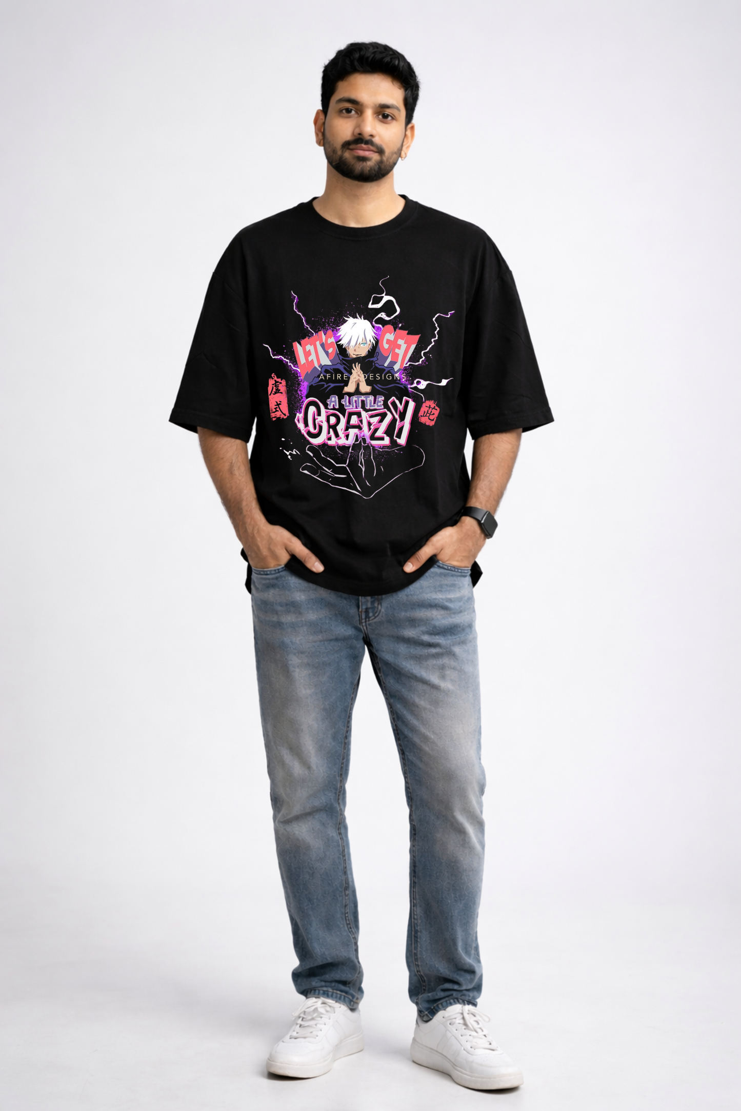 Black Oversize Anime Graphic Printed T-Shirt for Men