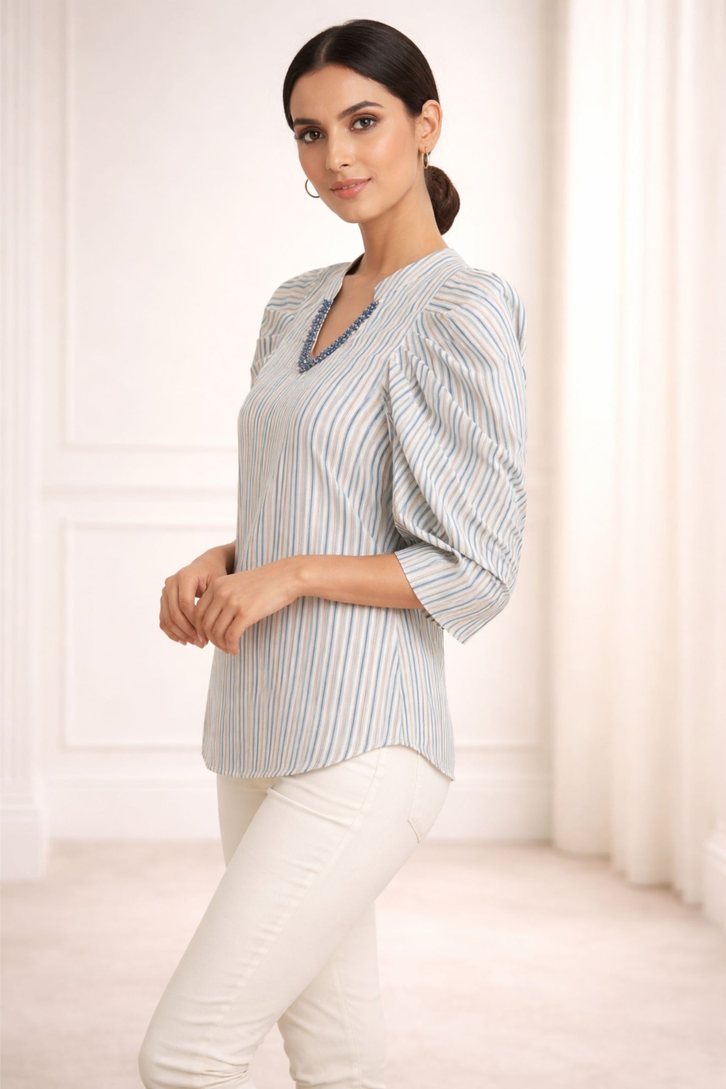 Elegant Blue Striped Puff Sleeve Top for Women