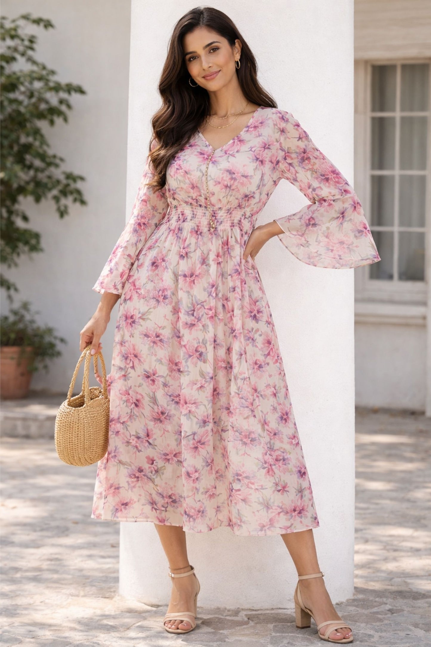 Elegant Pink Floral Midi Dress for Women