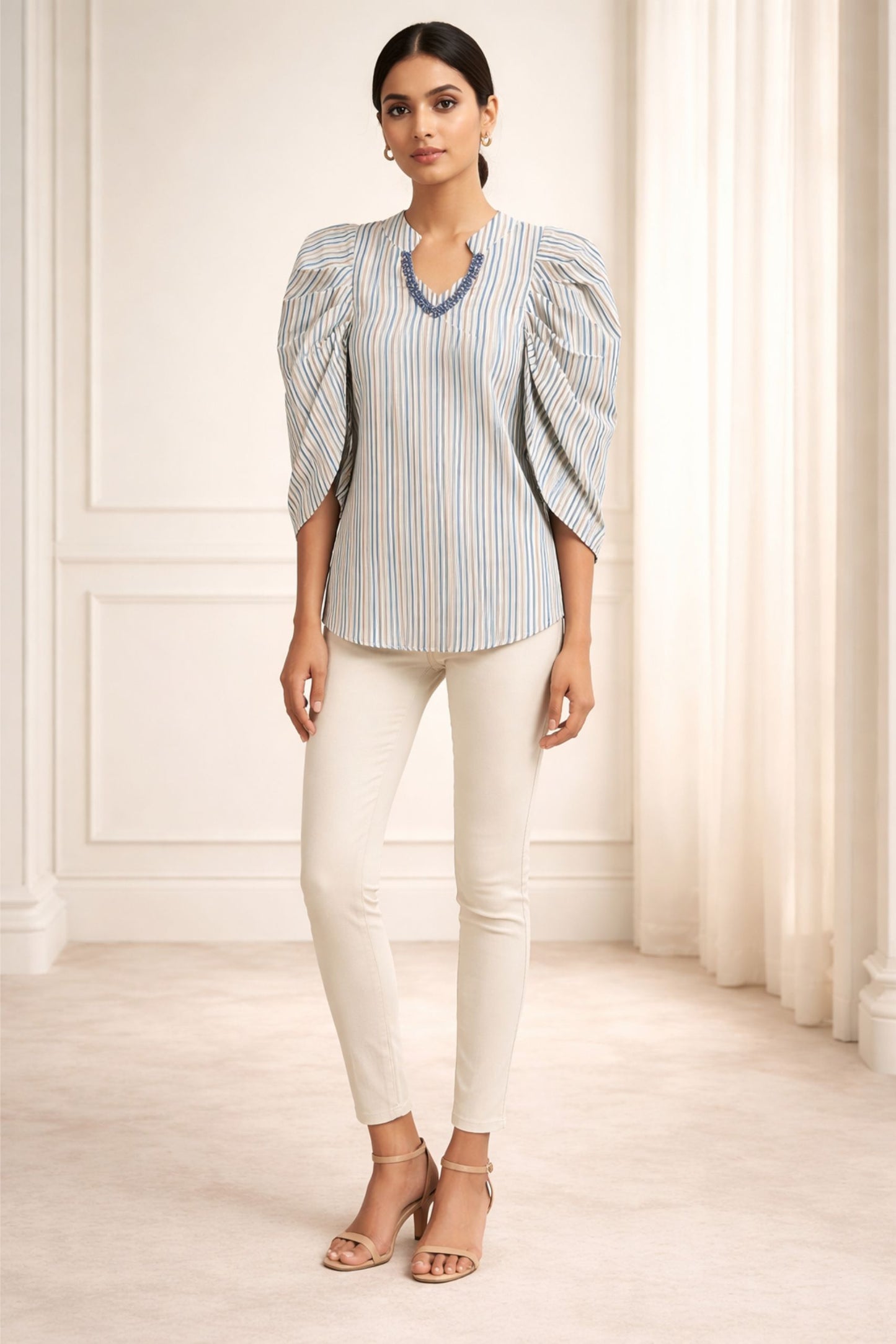Elegant Blue Striped Puff Sleeve Top for Women