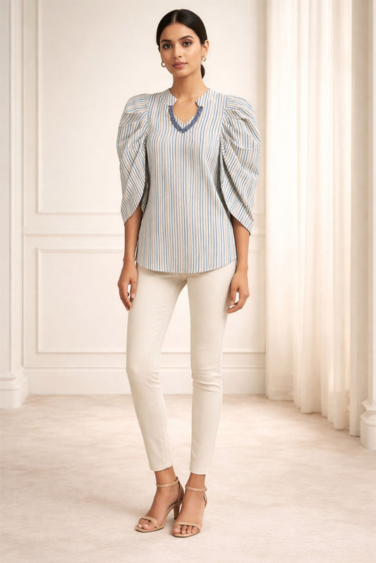 Elegant Blue Striped Puff Sleeve Top for Women