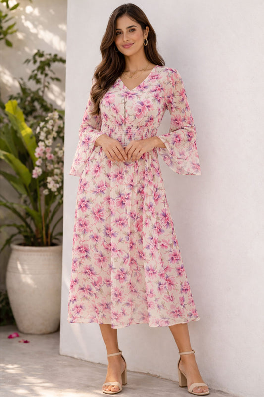 Elegant Pink Floral Midi Dress for Women