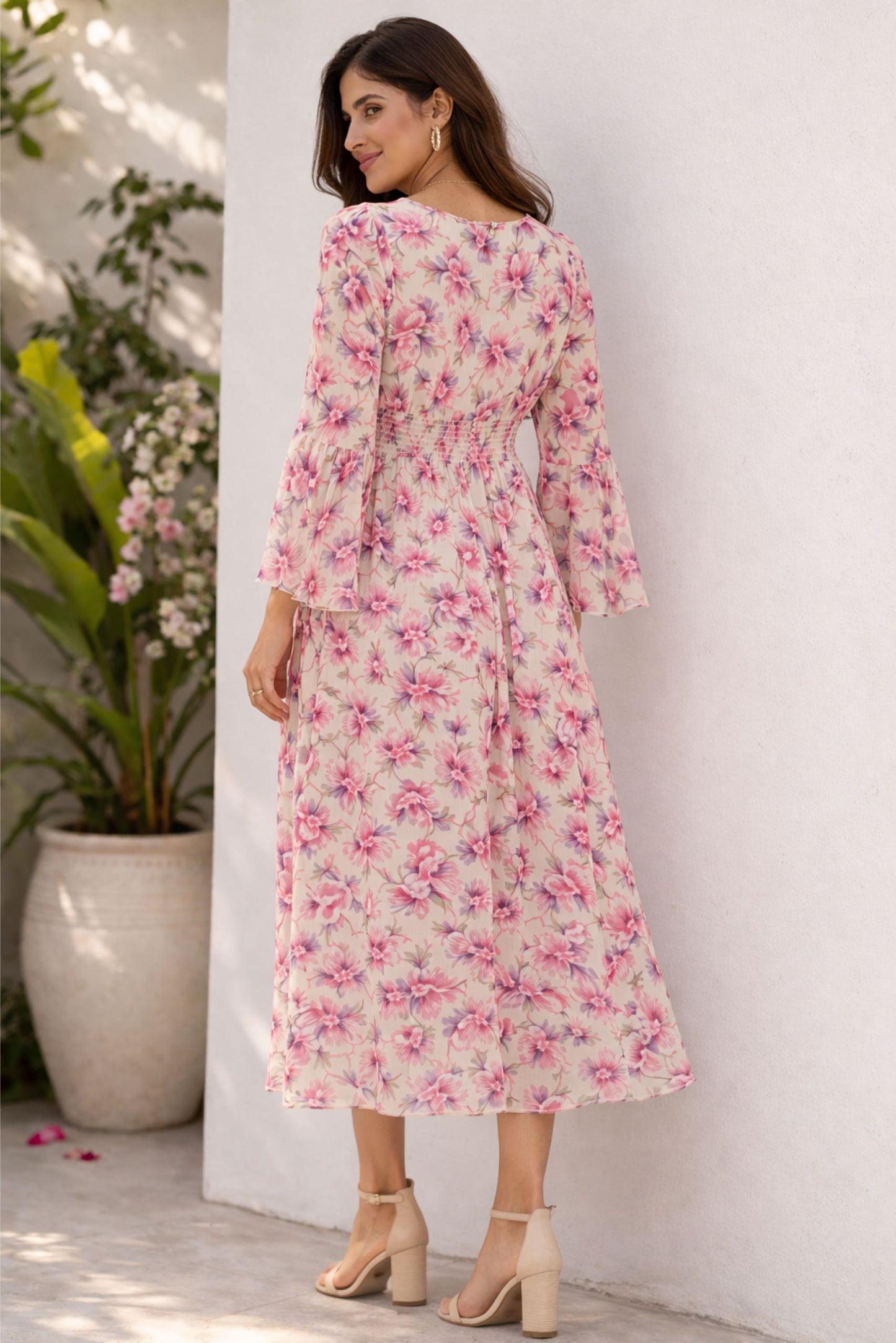 Elegant Pink Floral Midi Dress for Women
