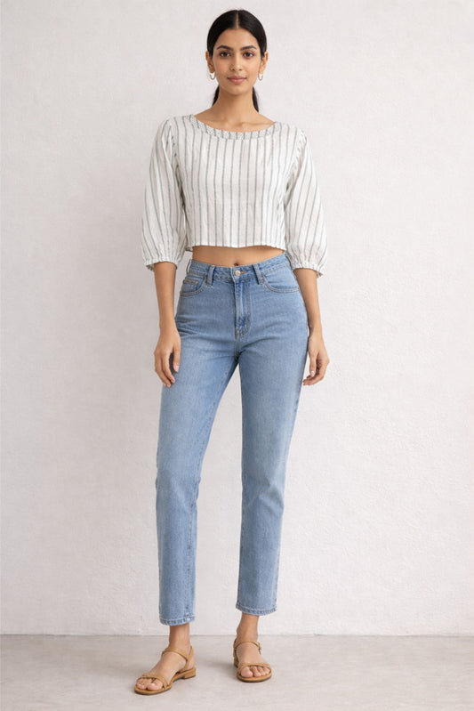 White Striped Crop Top for Women