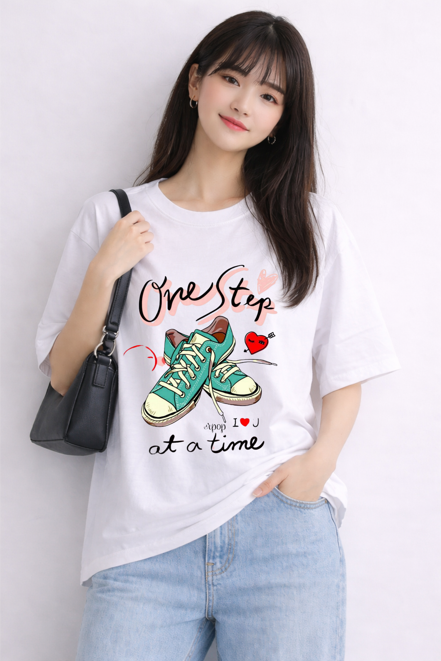 White Oversized T-Shirt for Women – “One Step at a Time” Print
