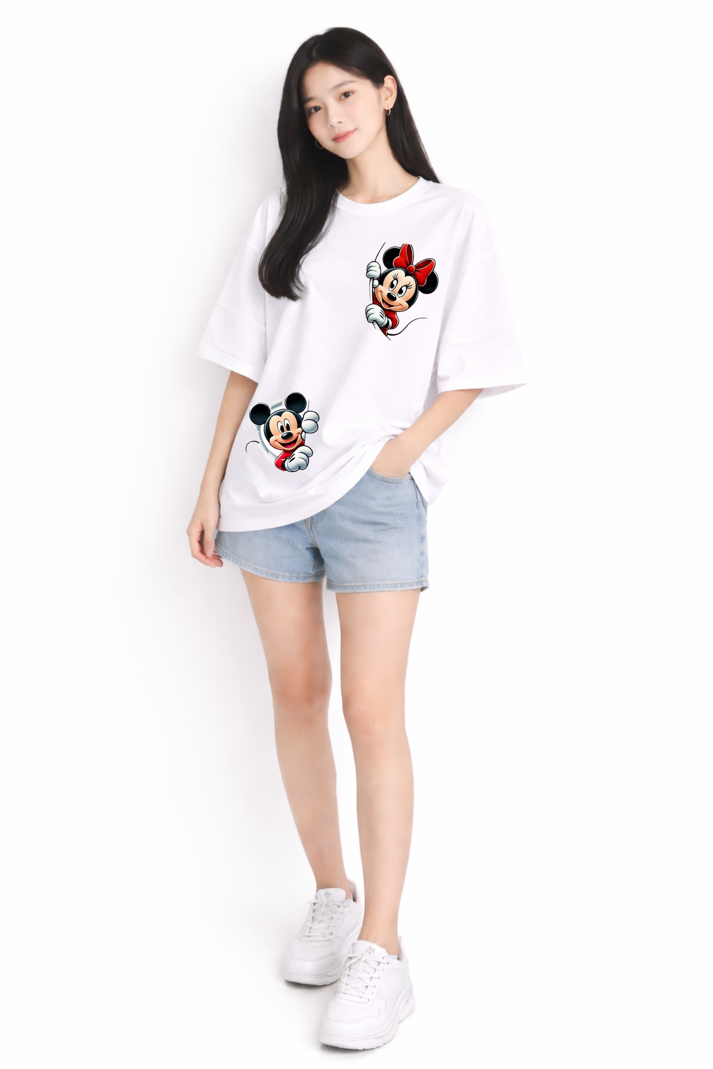 White Oversized Mickey Mouse Print T-Shirt for Women