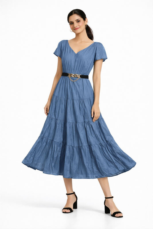 Elegant Blue Satin Midi Dress for Women