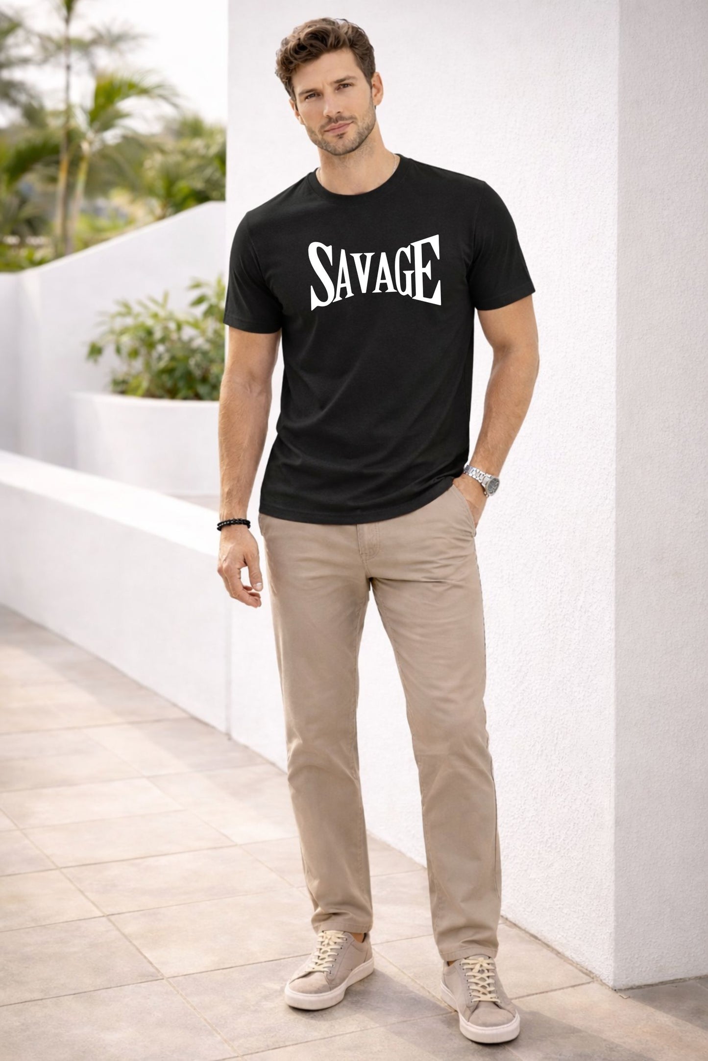 Black Cotton “Savage” Graphic Print Round Neck T-Shirt for Men