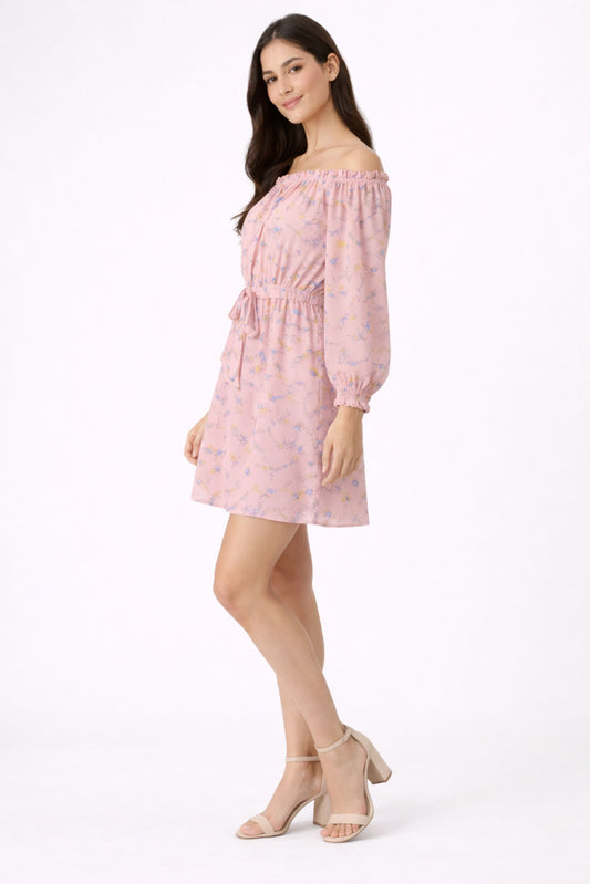 Pink Off-Shoulder Floral Mini Dress