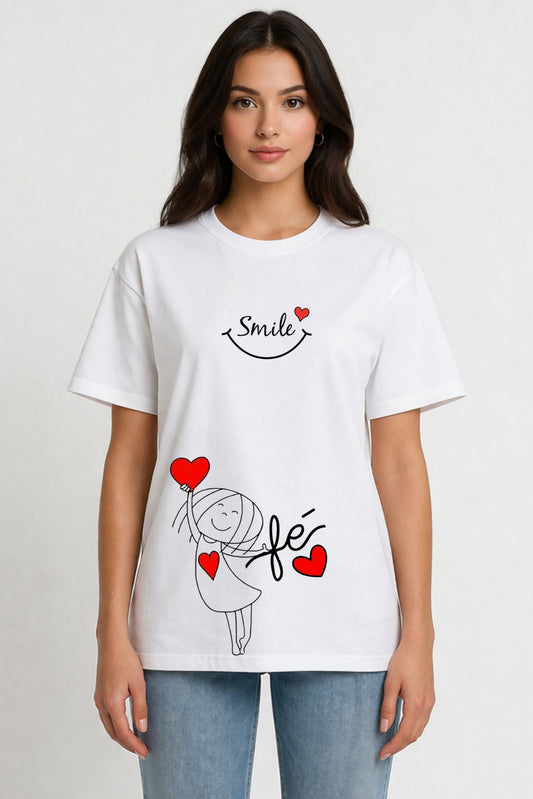 Women’s White Graphic T-Shirt – “Smile & Feel” Heart Design
