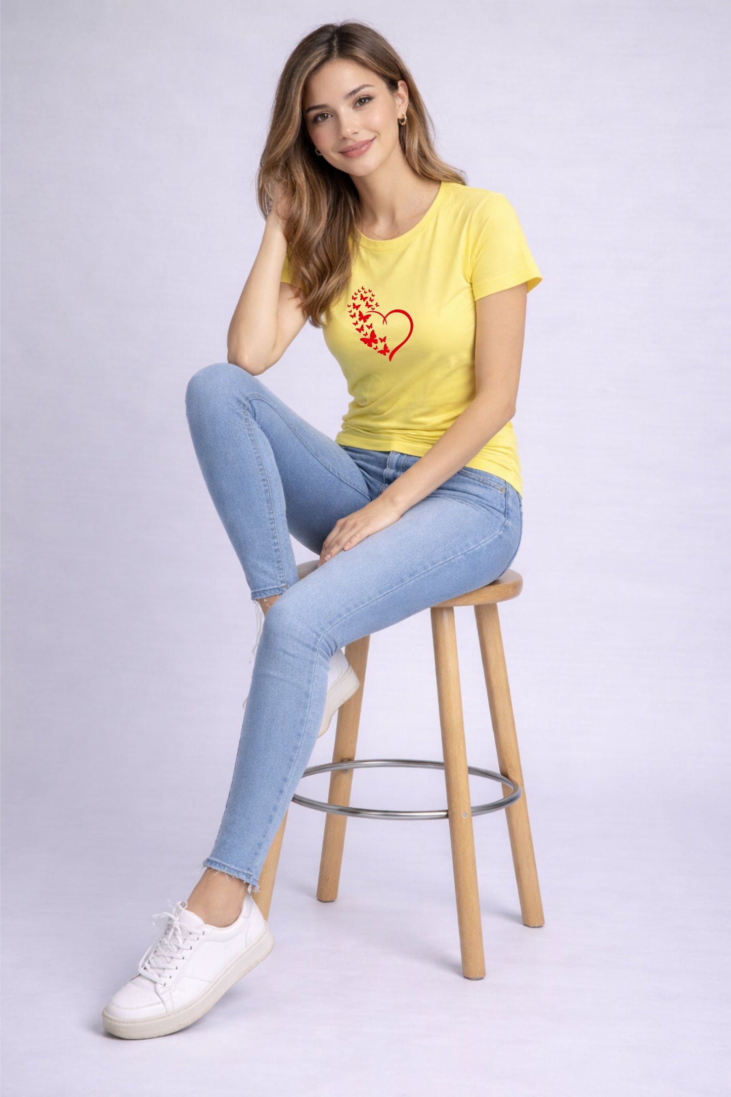 Lemon Yellow Heart Print Regular Fit T-Shirt