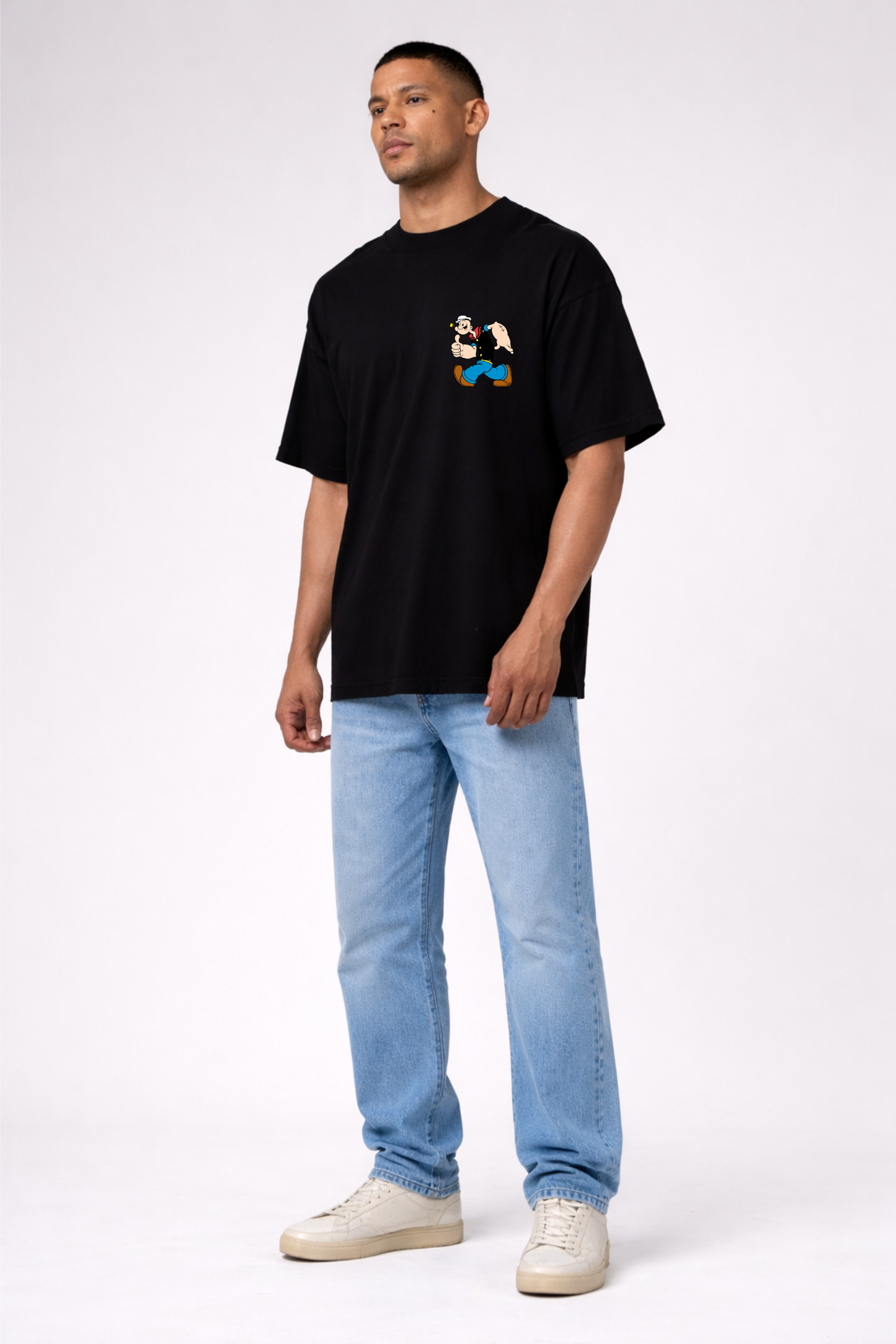 Men’s Black Oversized Cotton T-Shirt with Popeye Print