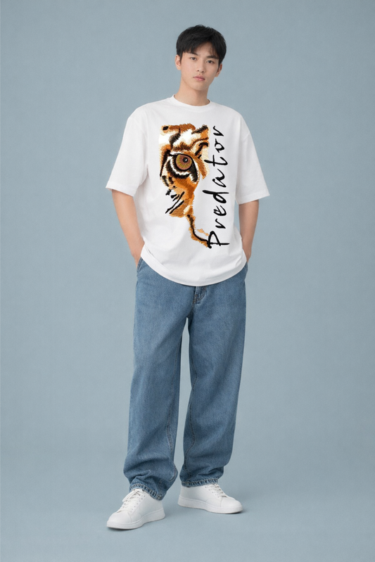 White Oversized T-Shirt with Tiger Embroidery Print