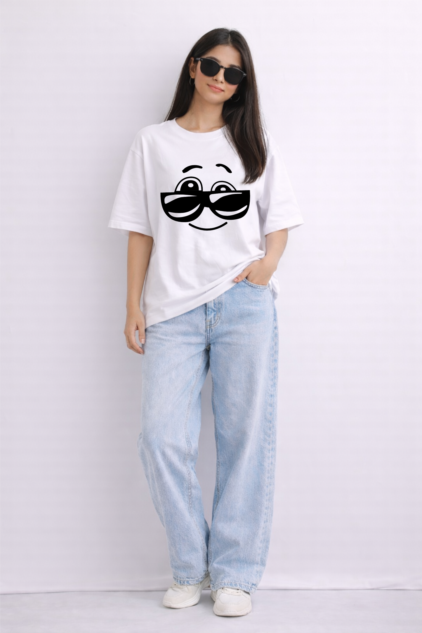 White Oversized T-Shirt for Women – Cool Face Sunglasses Print