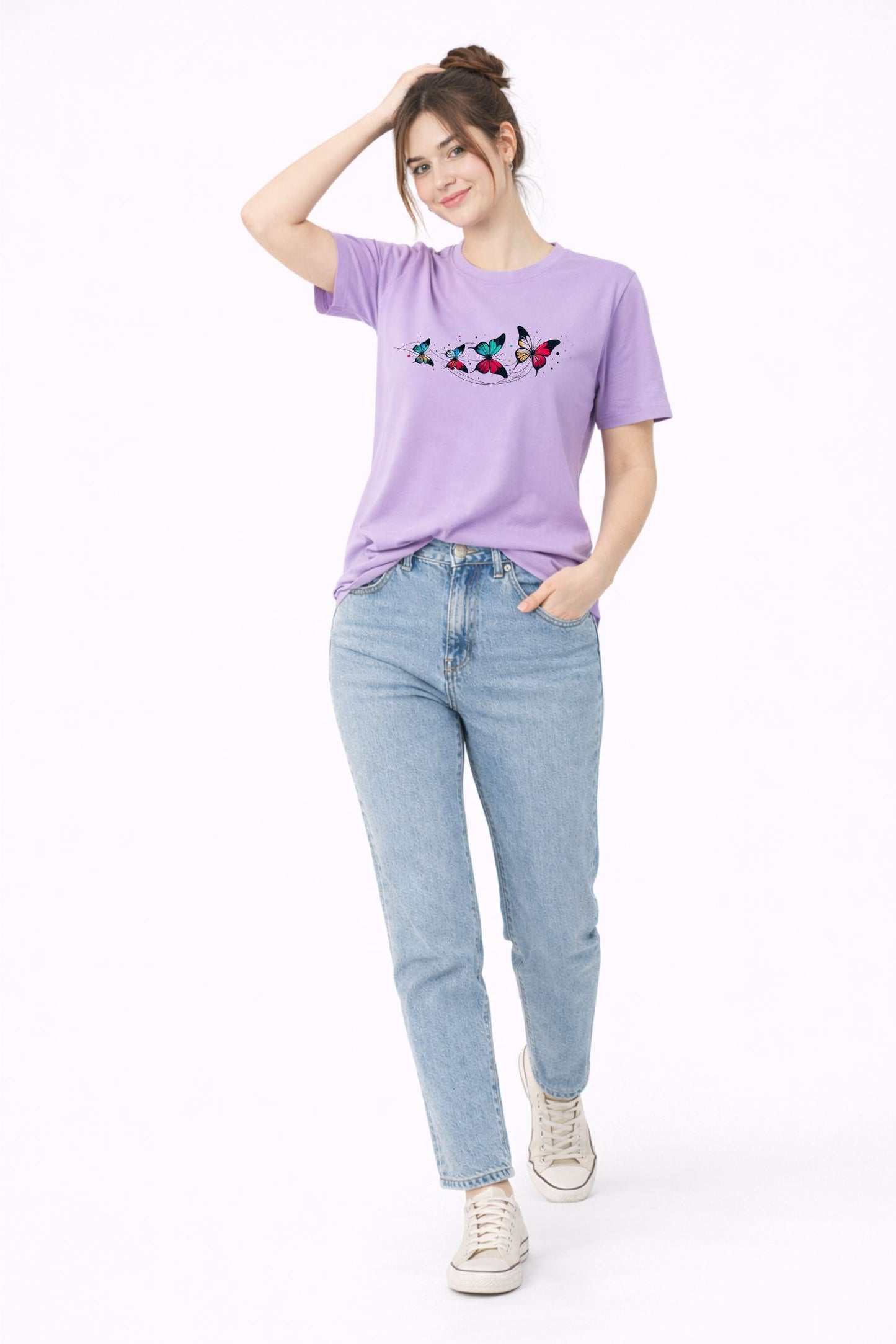 Light Purple Butterfly Print Regular Fit T-Shirt