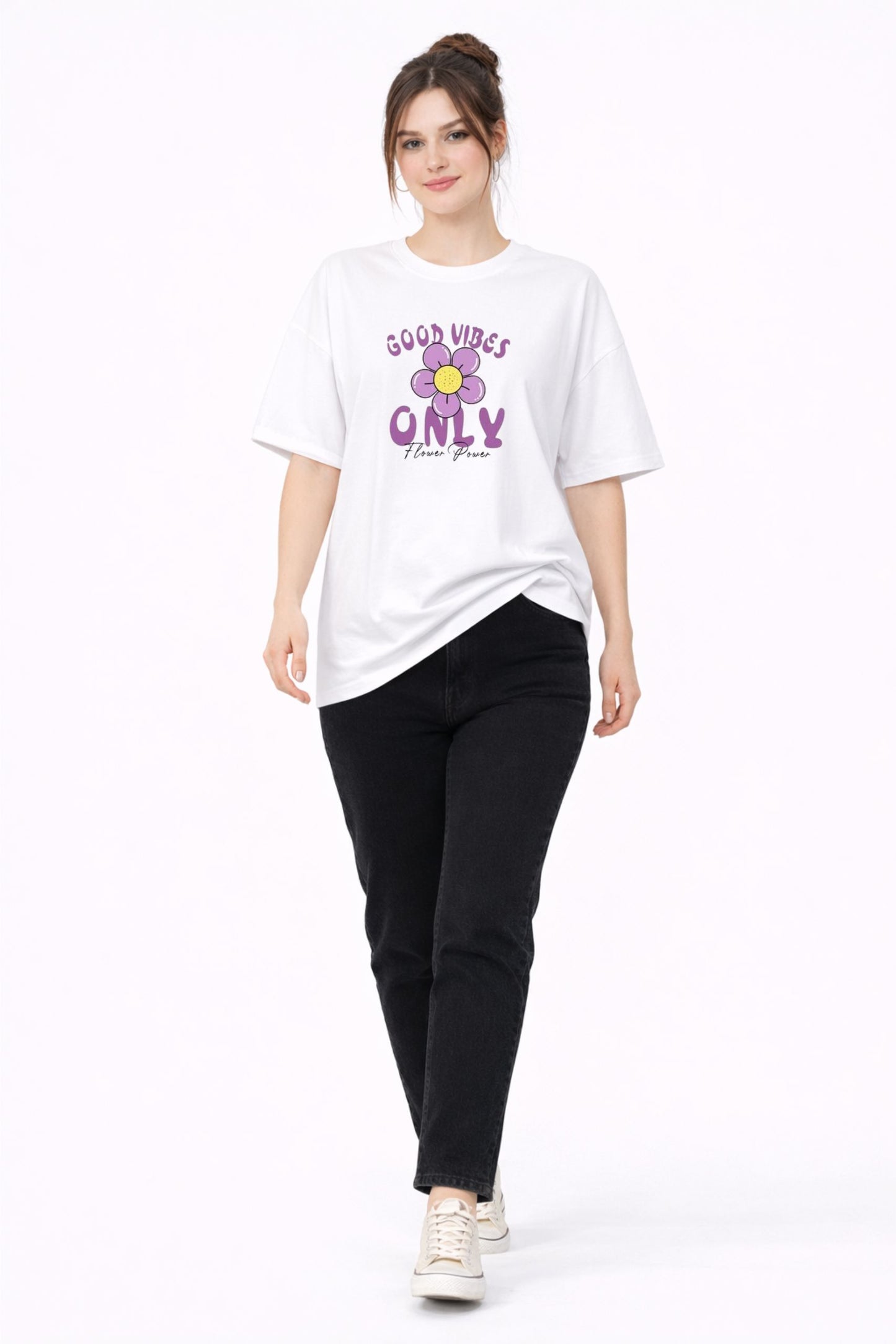 White “Good Vibes Only” Flower Print Oversized T-Shirt