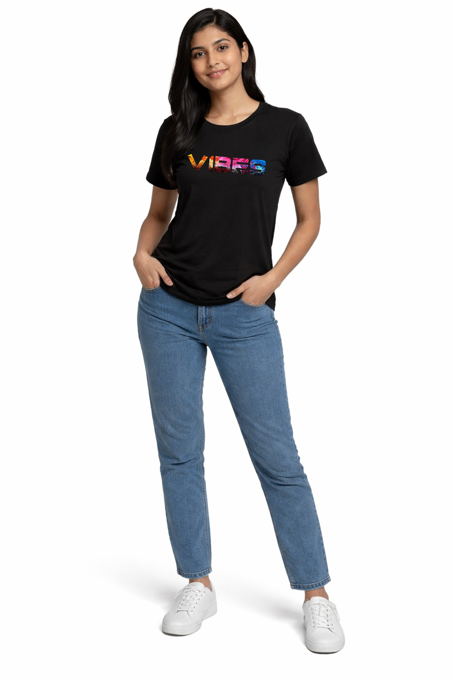 Women’s Black Regular Fit T-Shirt – “VIBES” Graphic Print