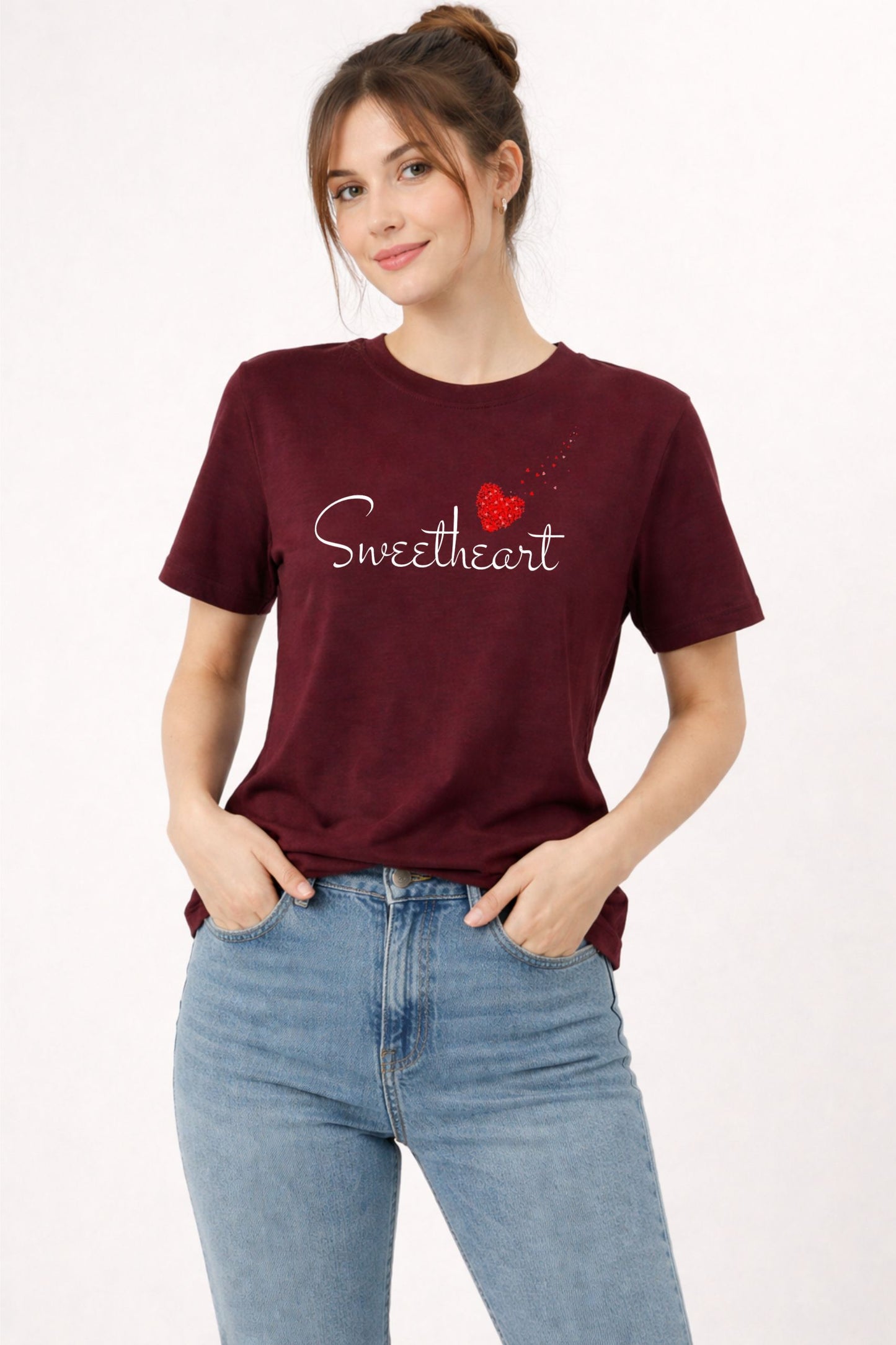 Maroon “Sweetheart” Heart Print Regular Fit T-Shirt