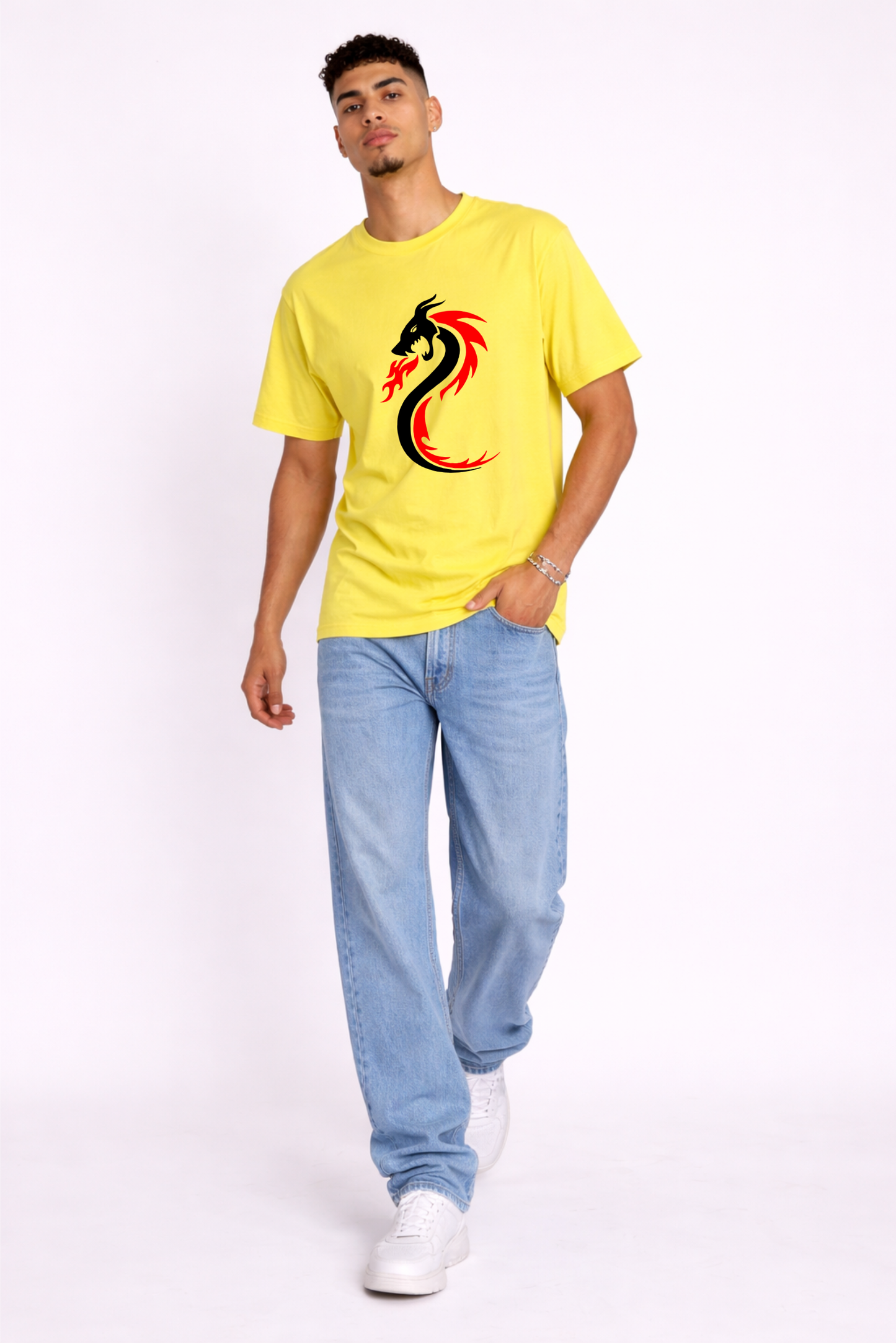 Regular Fit Yellow Dragon Print T-Shirt