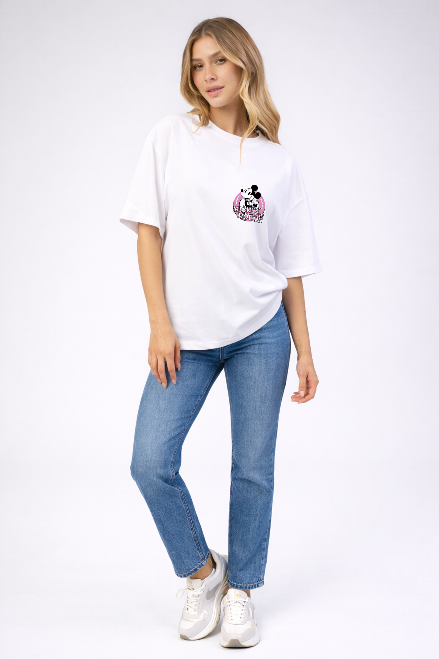 Mickey Printed Oversized White Cotton T-Shirt for Women