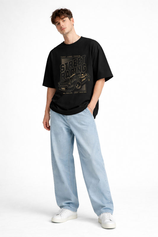 Black Oversized Street Racing Graphic T-Shirt
