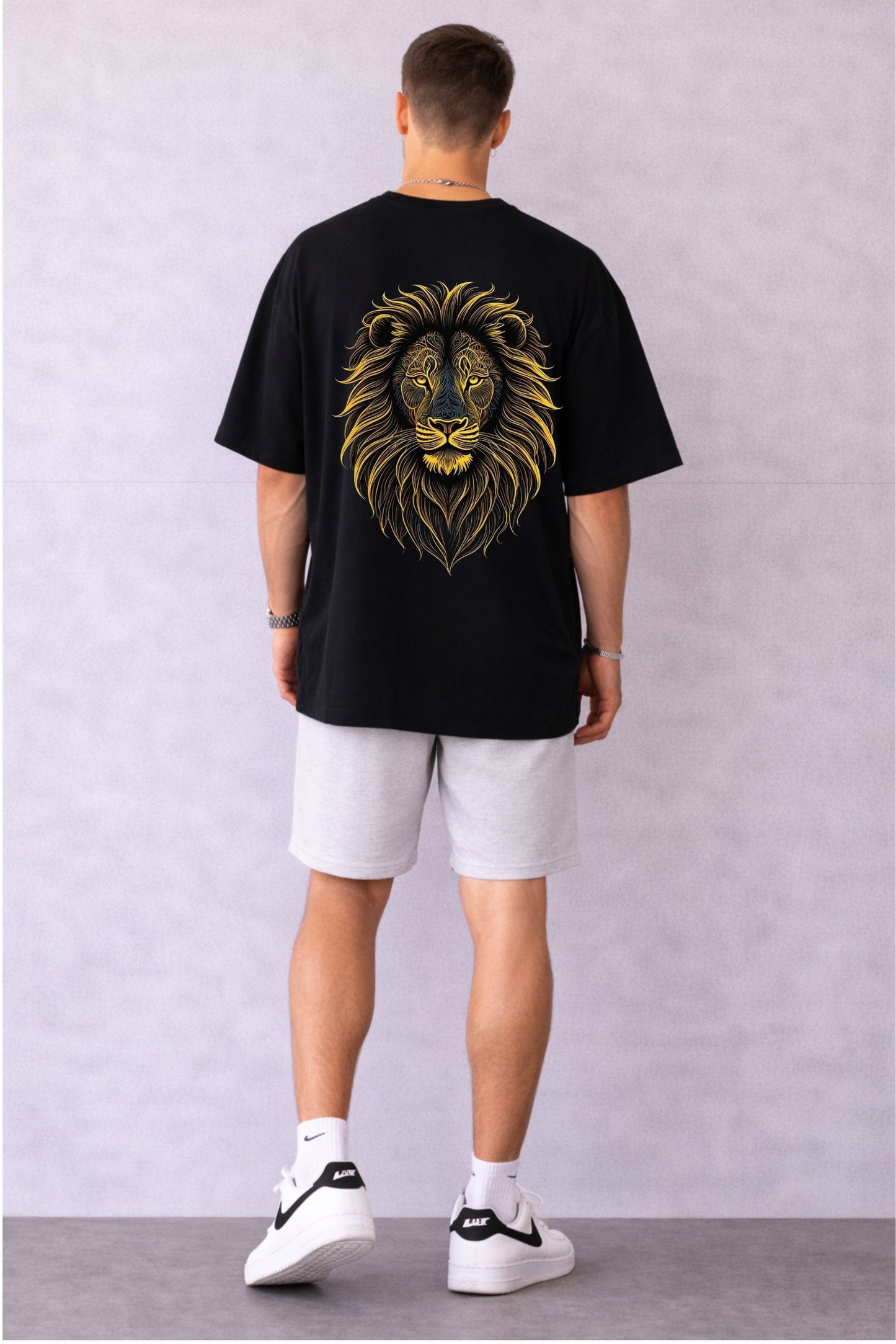 Men’s Black Oversized T-Shirt with Gold Lion Print