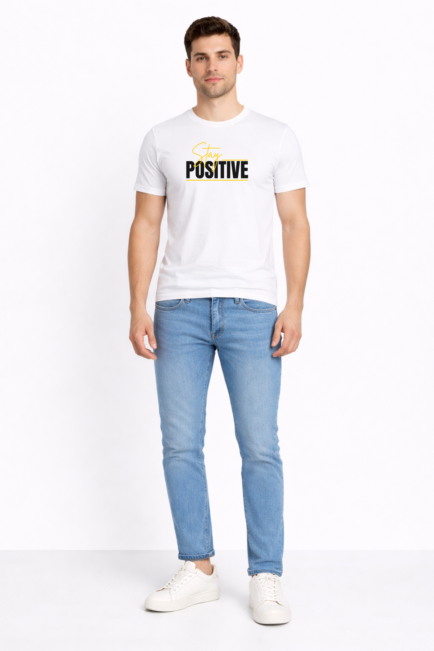 White Cotton “Stay Positive” Graphic Print Men’s T-Shirt