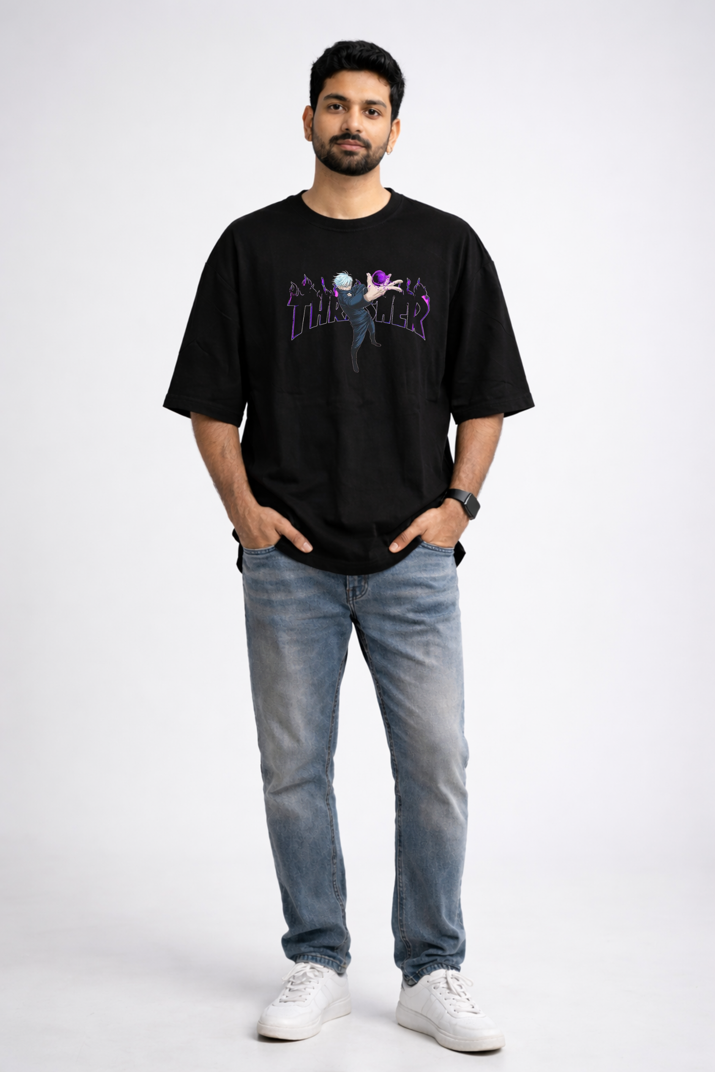 NF Black Oversize Anime Thunder Graphic Printed T-Shirt for Men