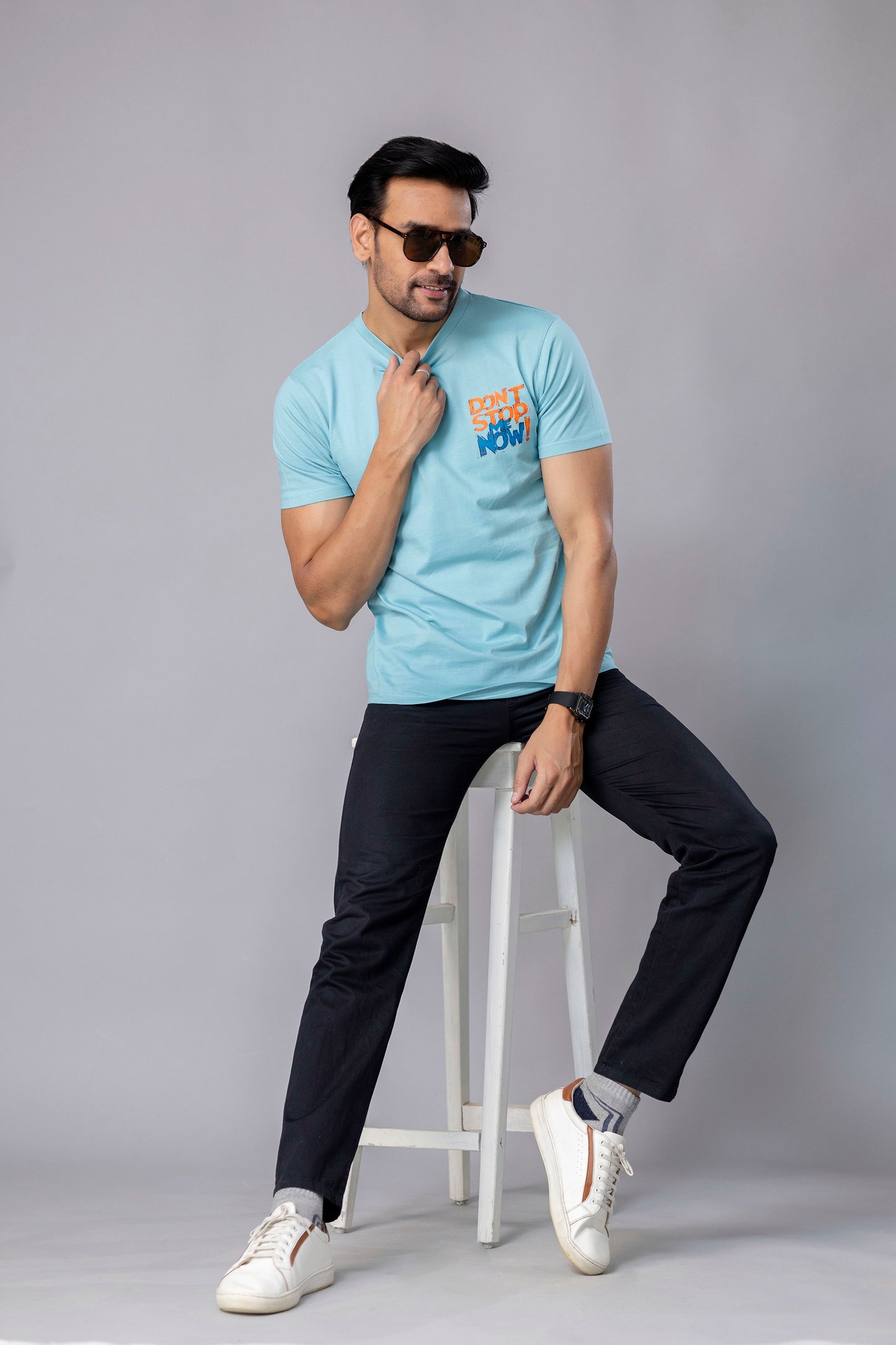 Dont Stop Me Now Sky Blue Slim Fit T-Shirt