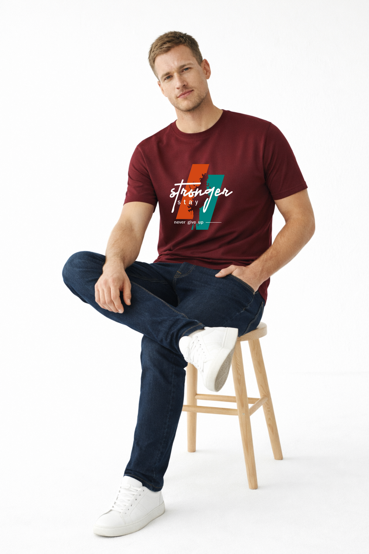Men’s Maroon Cotton T-Shirt with “Stronger Stay” Motivational Graphic Print