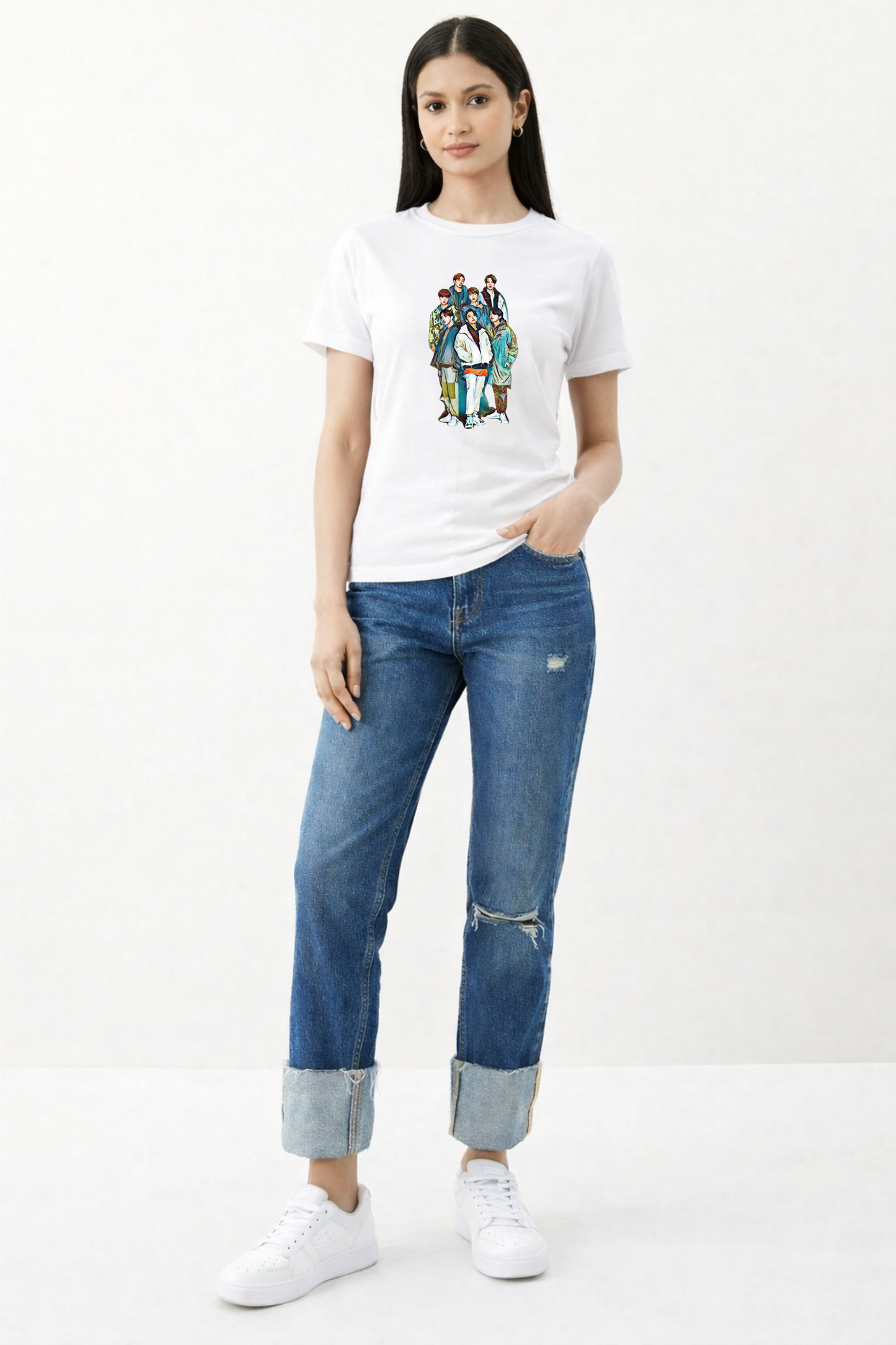K-Pop Group Printed White Regular Fit T-Shirt for Women