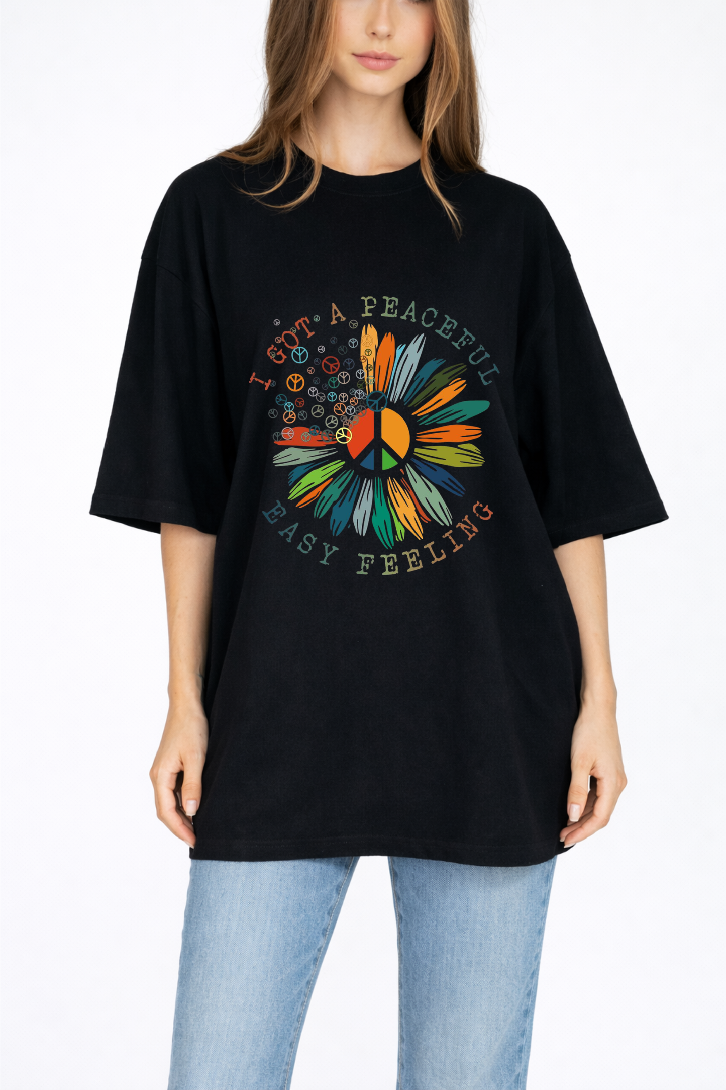Women’s Black Oversized Graphic T-Shirt – Peaceful Easy Feeling Print