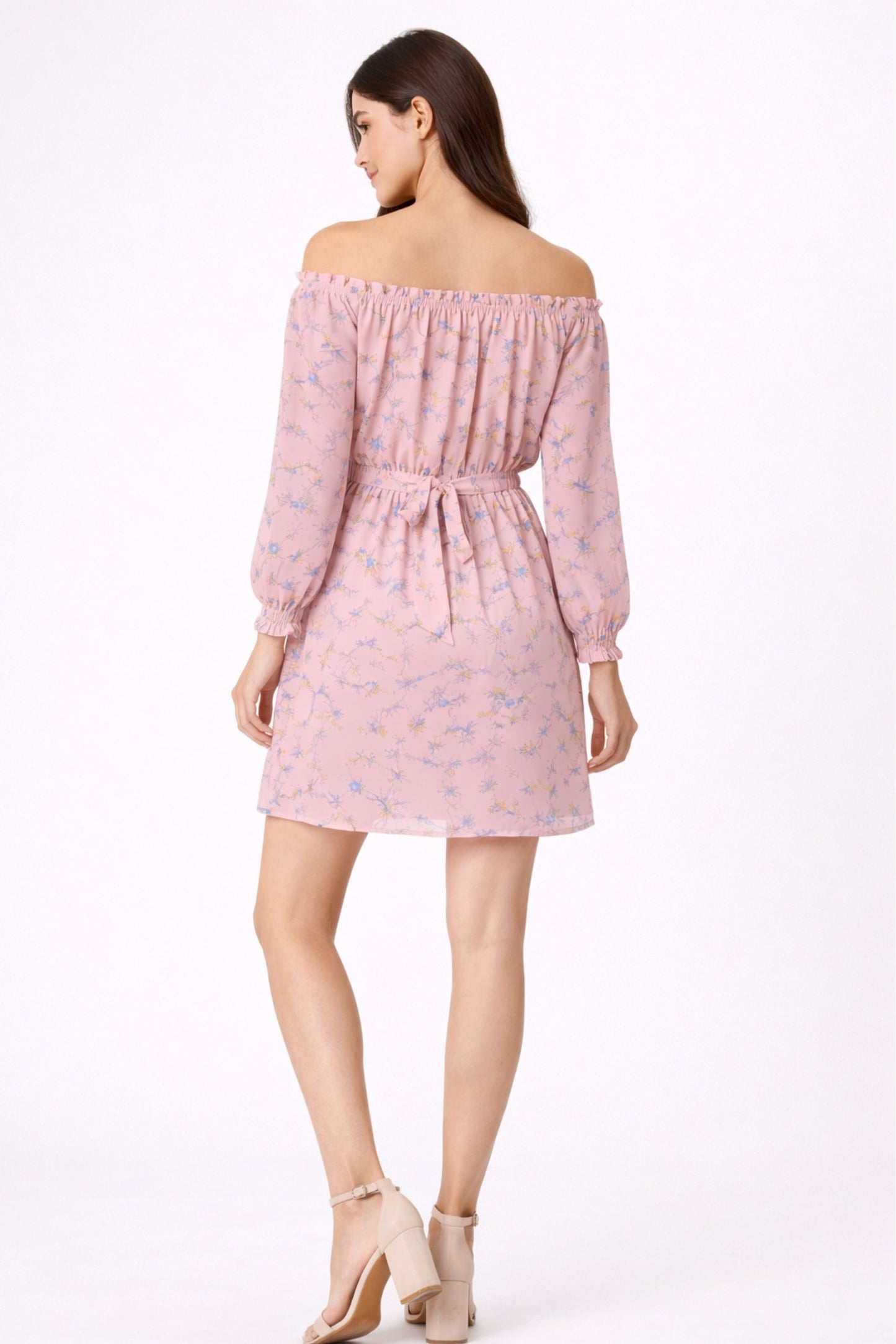 Pink Off-Shoulder Floral Mini Dress