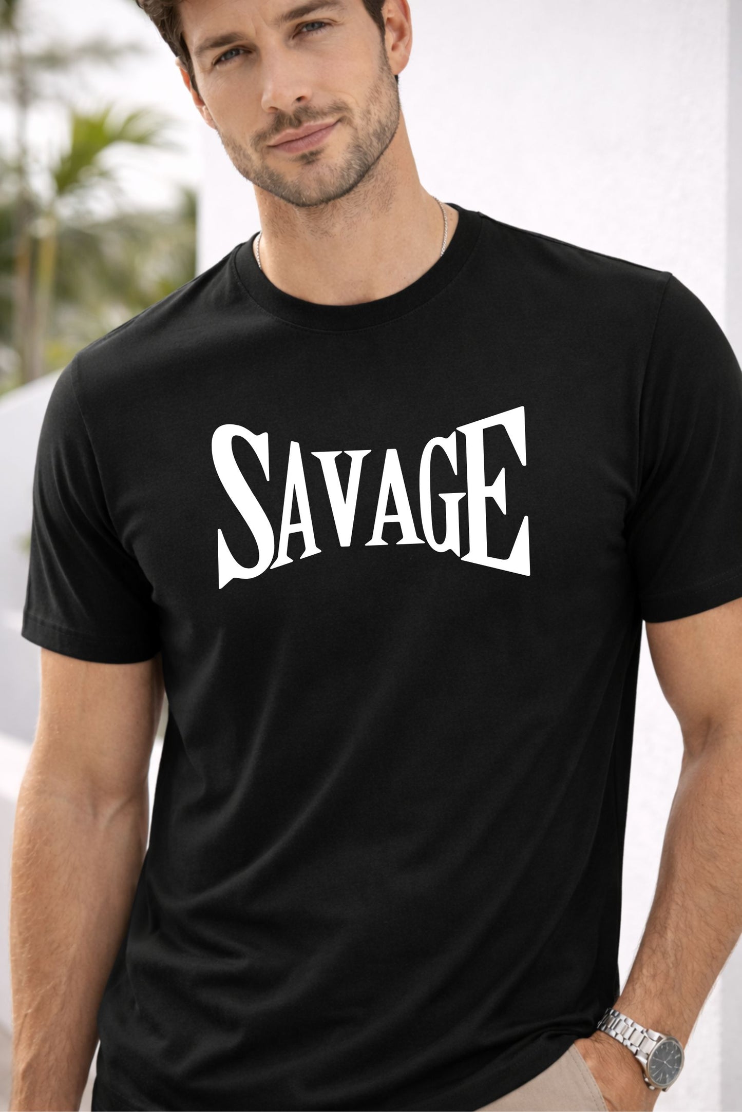 Black Cotton “Savage” Graphic Print Round Neck T-Shirt for Men