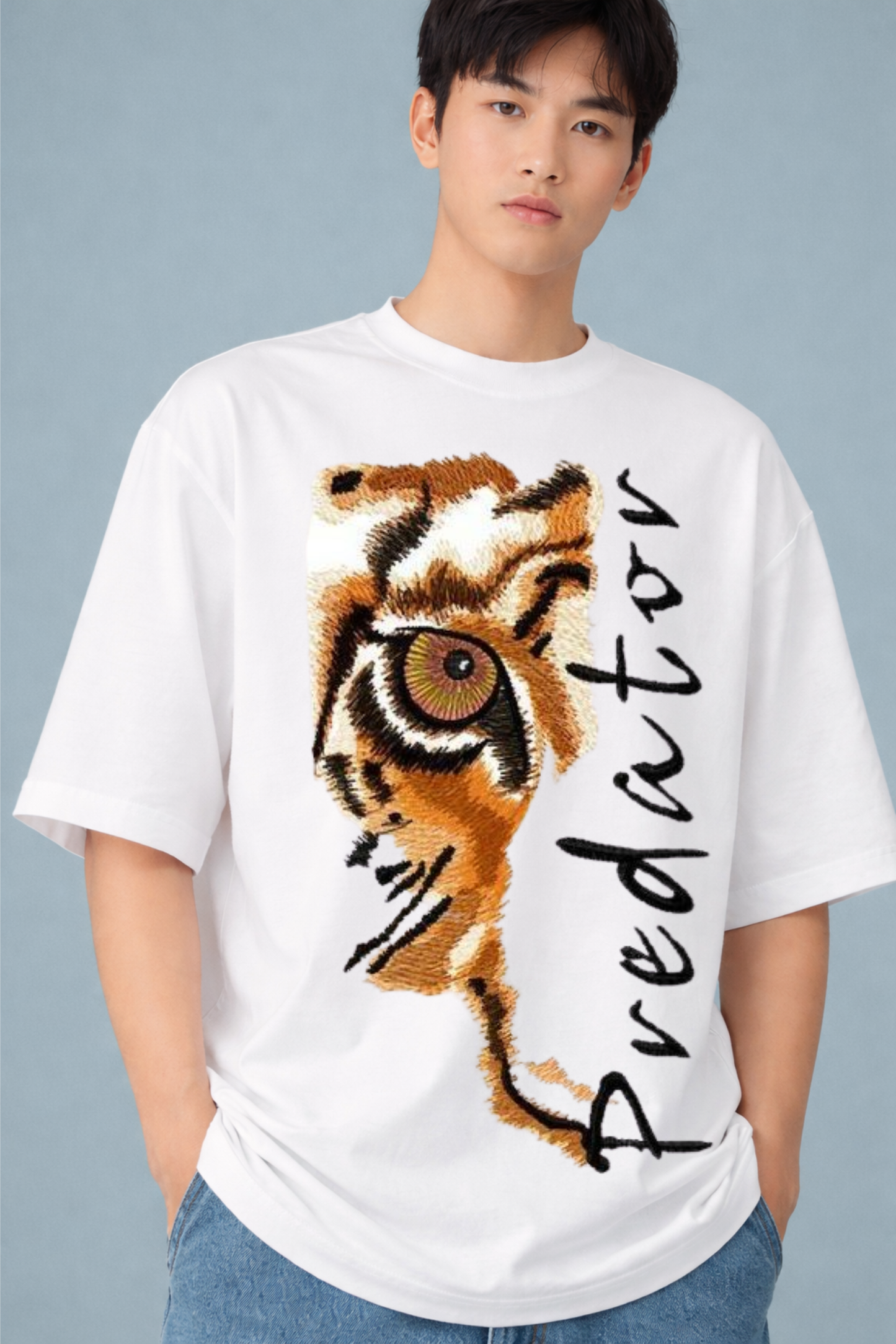 White Oversized T-Shirt with Tiger Embroidery Print