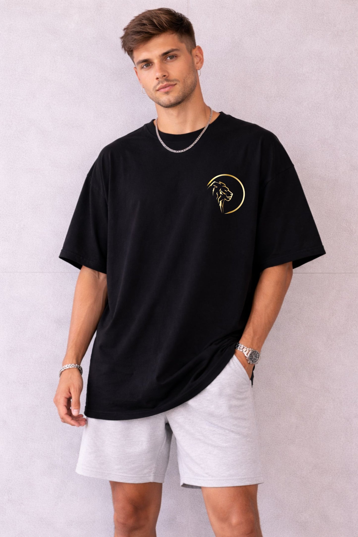 Men’s Black Oversized T-Shirt with Gold Lion Print