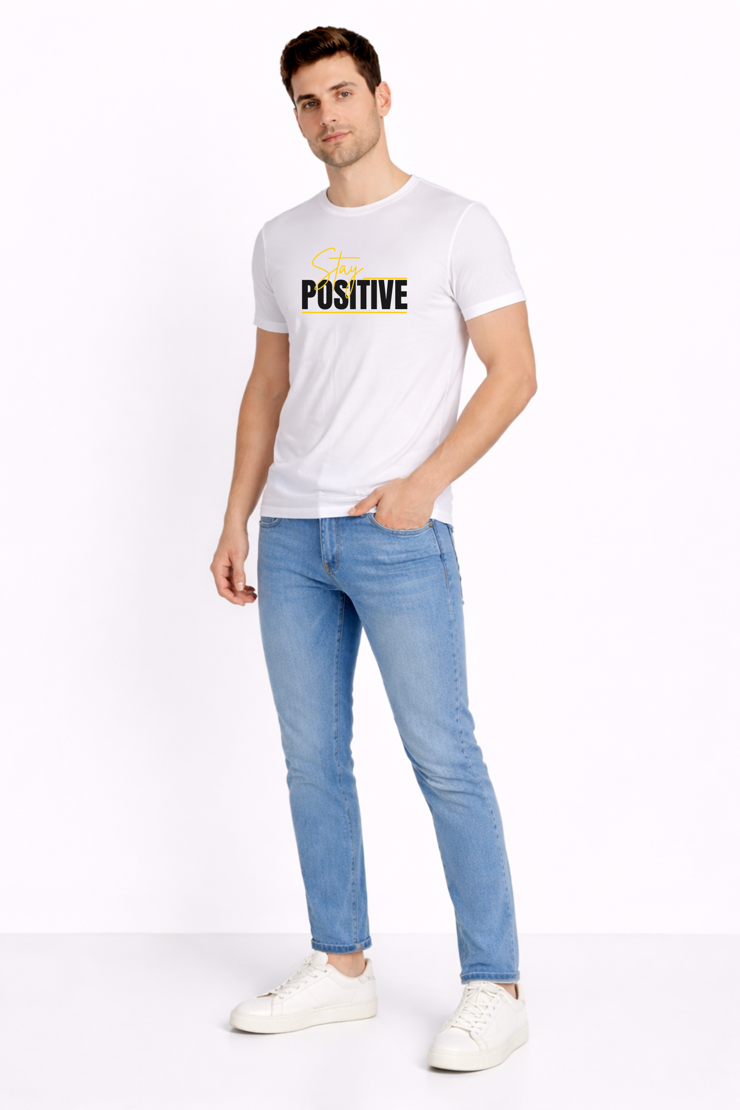 White Cotton “Stay Positive” Graphic Print Men’s T-Shirt