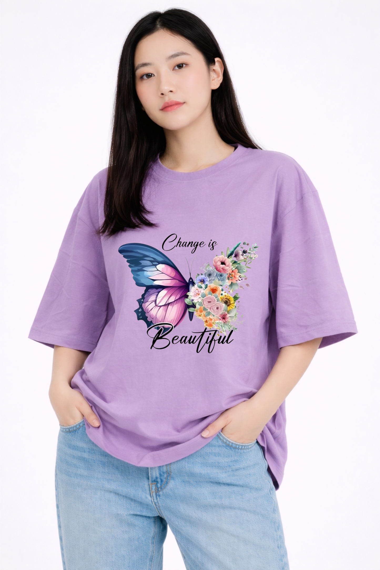 Lavender Oversized T-Shirt for Women – Butterfly Floral Print