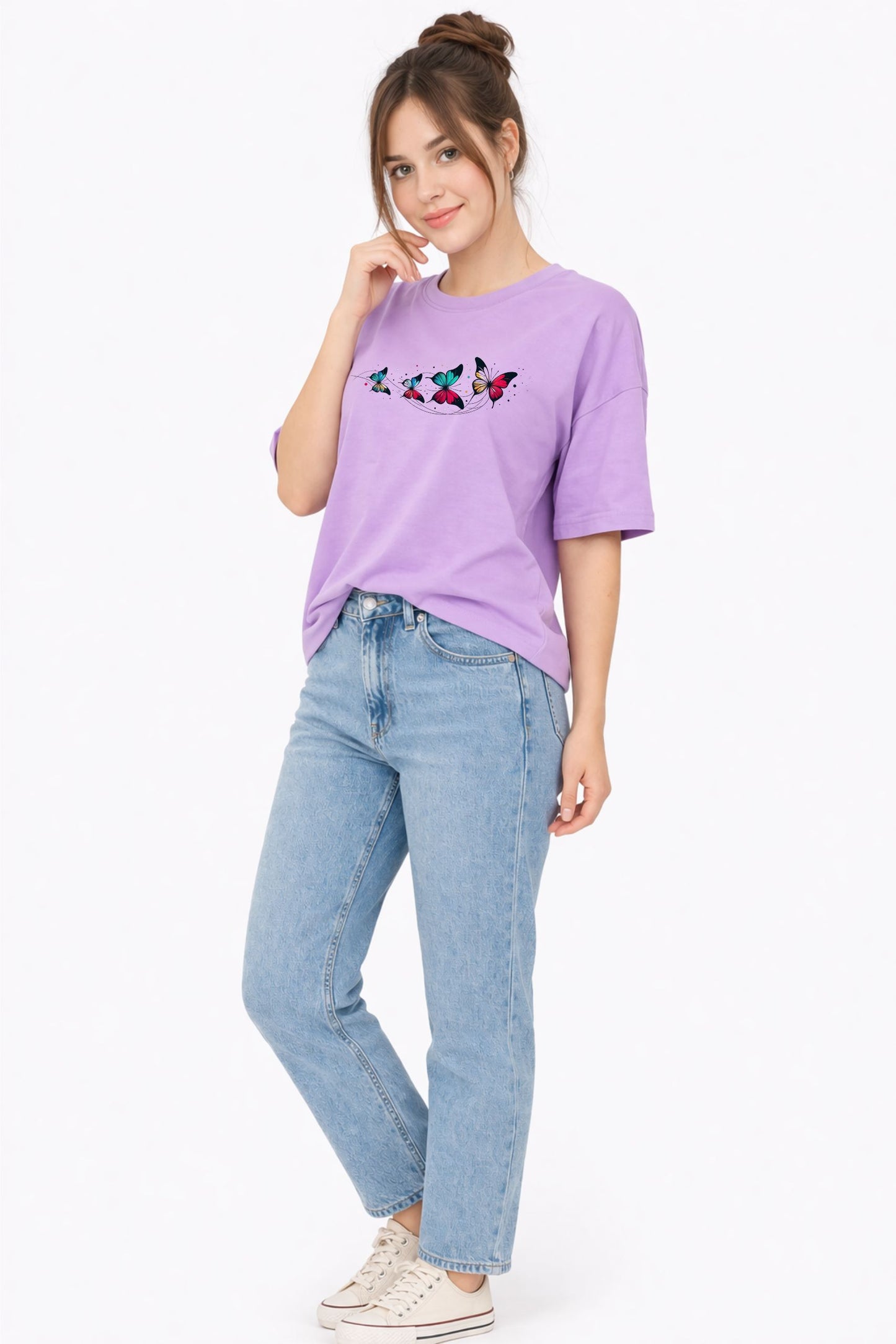 Light Purple Butterfly Print Regular Fit T-Shirt